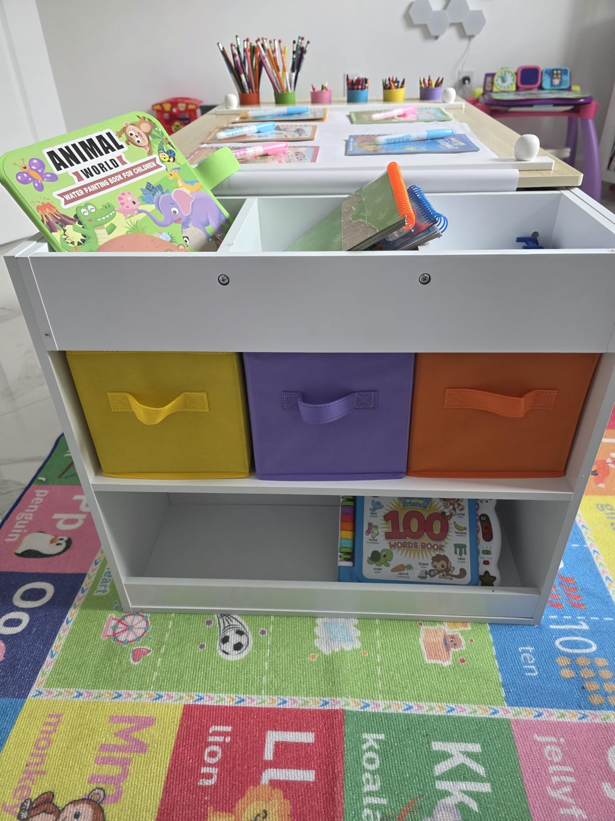 Kids Art Table and 2 Chairs Set, Wooden Craft Desk with 2 Storage Shelves, 6 Storage Bins & Paper Roll for Drawing, Learning and Reading customer photo 2