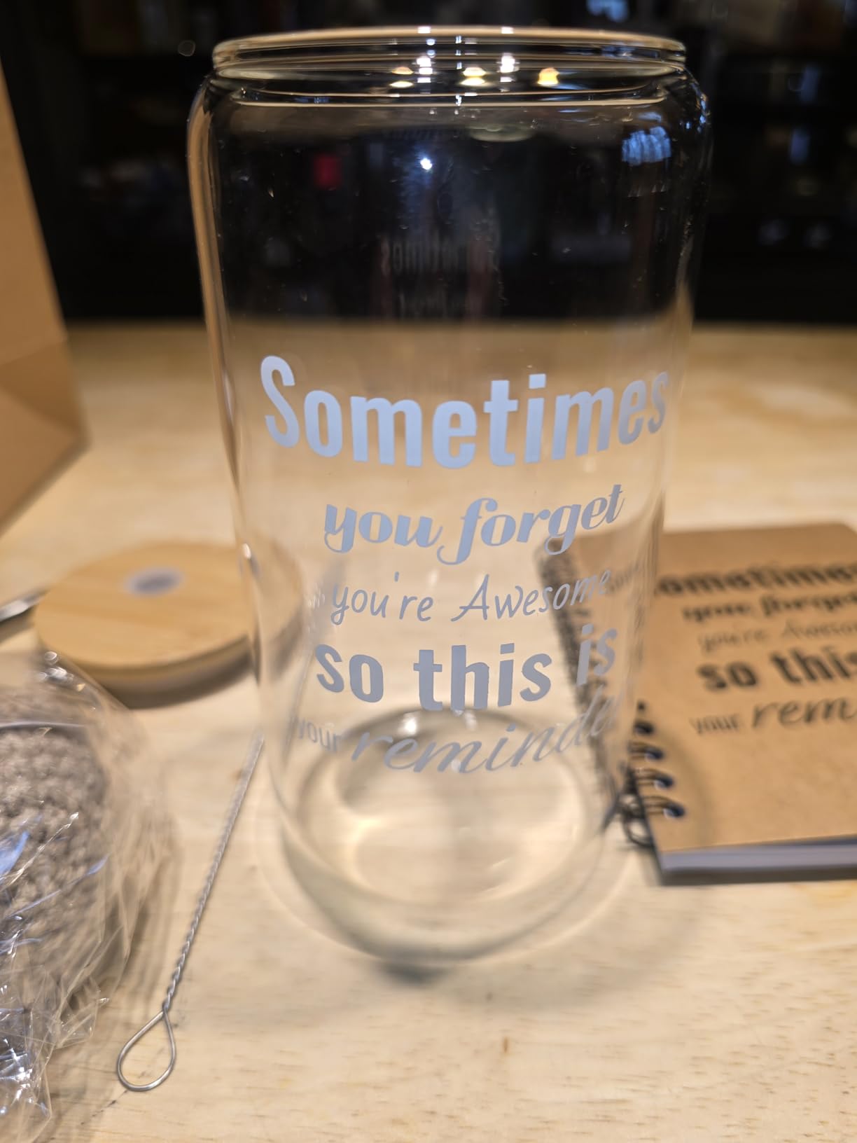 42 Pcs/6 Sets Employee Appreciation Gifts Bulk - Includes 16oz Glass Cups with Bamboo Lid, Positive Crochet, Inspirational Notebooks with Pens, Kraft Paper Gift Bags & Straw - Thank You Gifts for Coworkers, Teachers, Staff & Team customer photo 1