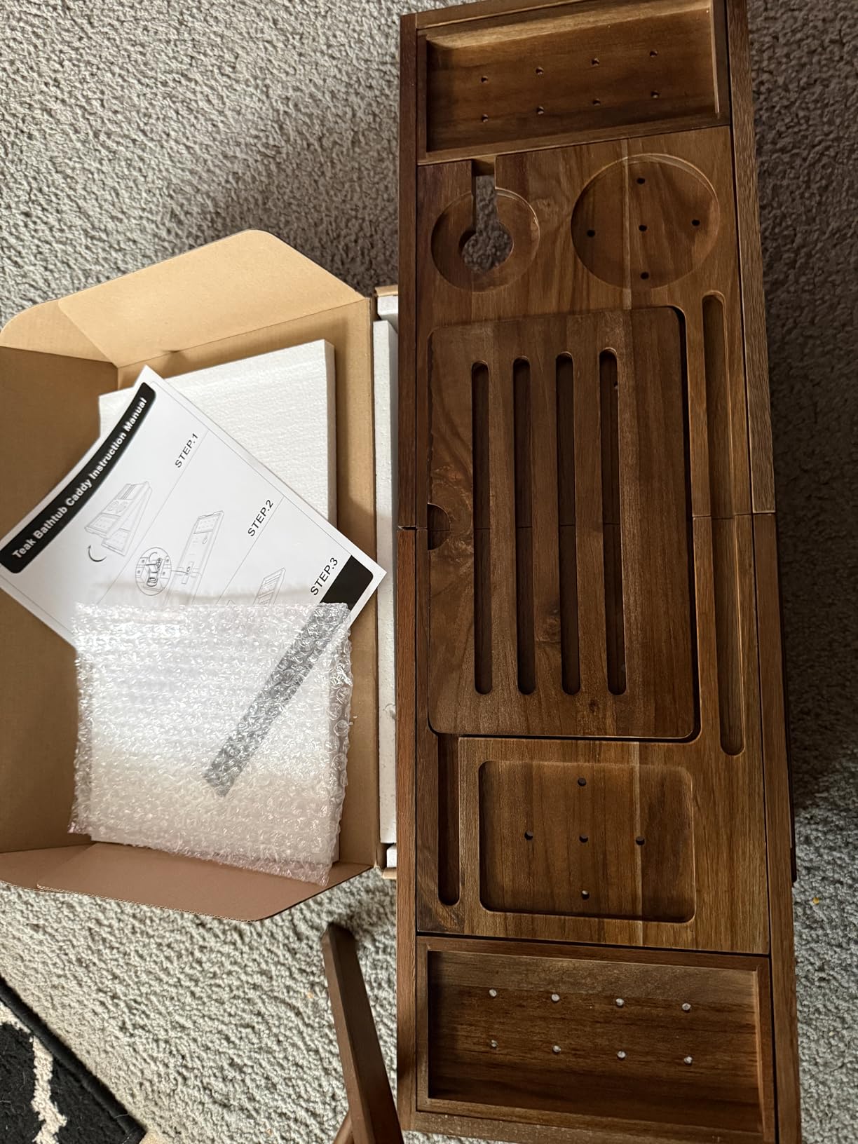 Venusmiles Teak Bathtub Tray Caddy, Foldable Bath Tray with Expandable Handles, Wine Glass and Phone Holders, Book Stand, for Home Spa Relaxation, Luxury Bathroom Accessories - Light Walnut Color customer photo 1