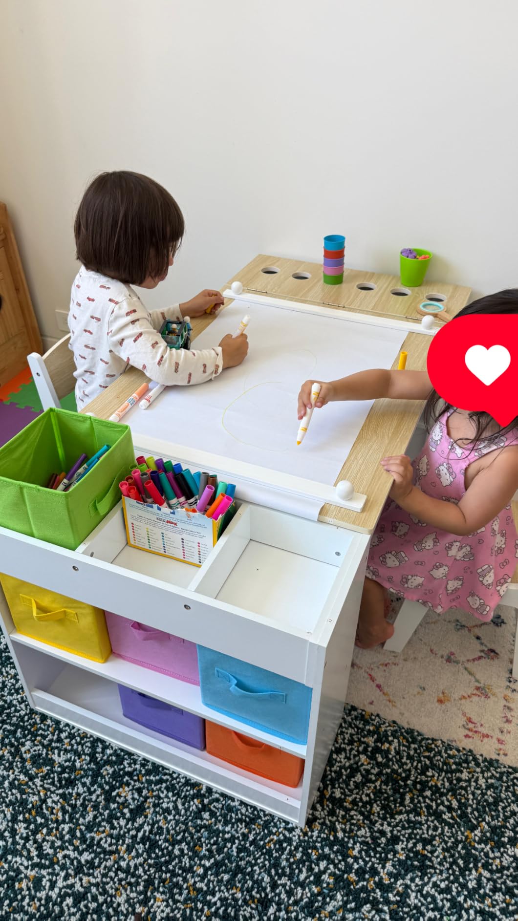 Kids Art Table and 2 Chairs Set, Wooden Craft Desk with Storage Shelves, 3 Storage Bins & Paper Roll for Drawing, Learning and Reading customer photo 2