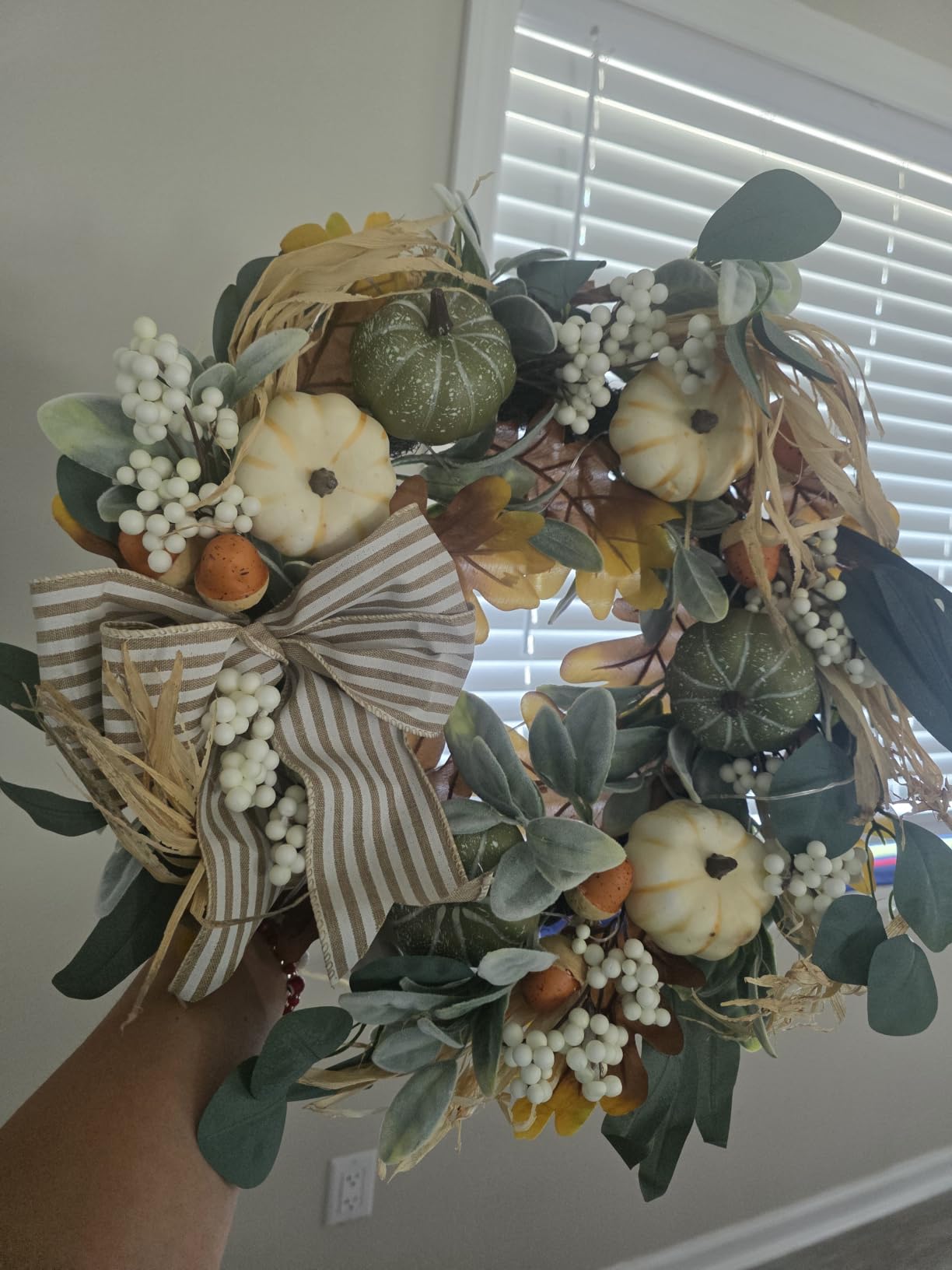 Valery Madelyn 24'' Fall Wreaths for Front Door with LED Lights | Collapsible Farmhouse Autumn Wreath with White Pumpkins Bow for Home Porch Thanksgiving Harvest Table Centerpiece Decorations customer photo 1