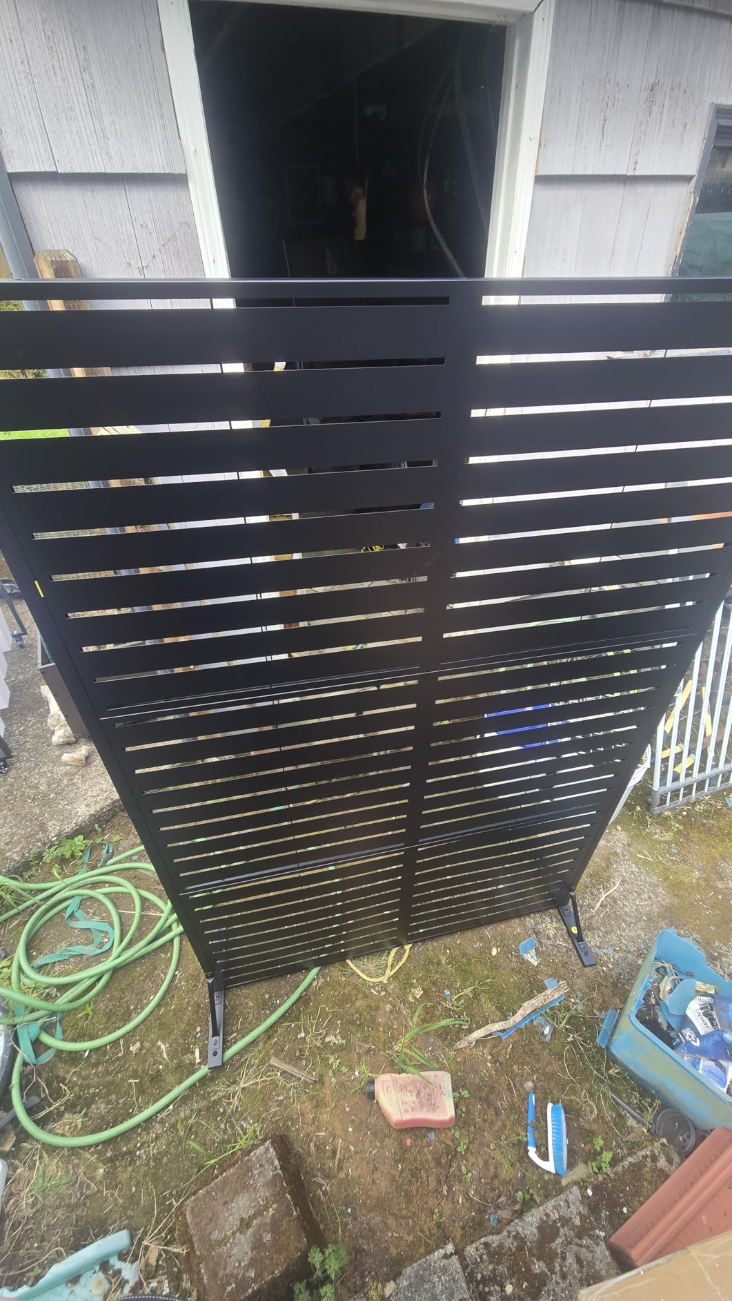 Outdoor Metal Privacy Screen, 72 x 47 in Freestanding Fence Panel, Black | Freestanding decorative fence panel with stand for patios, pools, backyards, decks, balconies and outdoor dividers customer photo 2