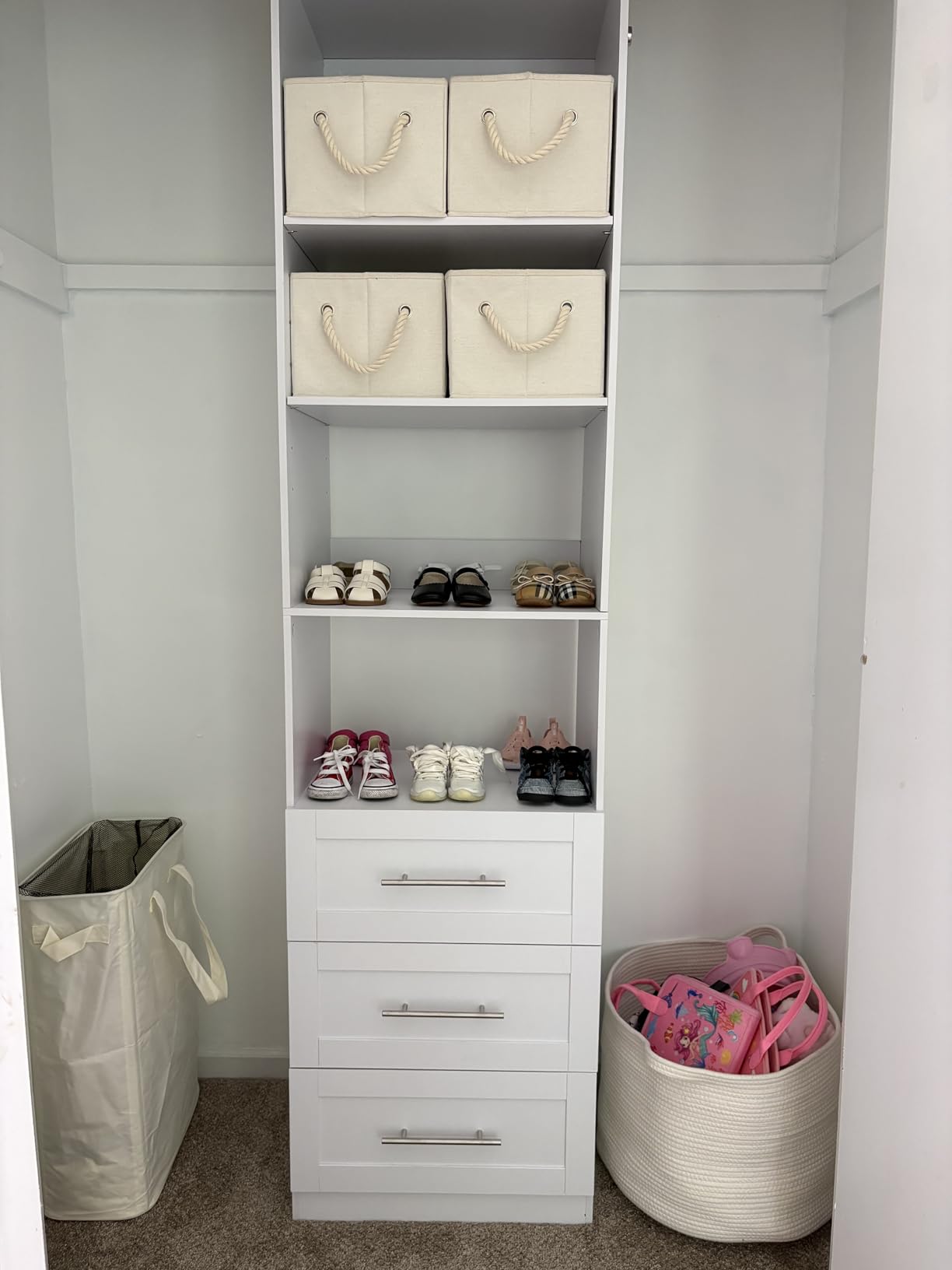 Closet System with 3 Wood Drawers, 5-7.61FT Closet Organizer System with Cuttable Shelves for Walk in Closet with 3 Expandable Hanging Rods, Heavy Duty Built-in Closet for Bedroom, White customer photo 1