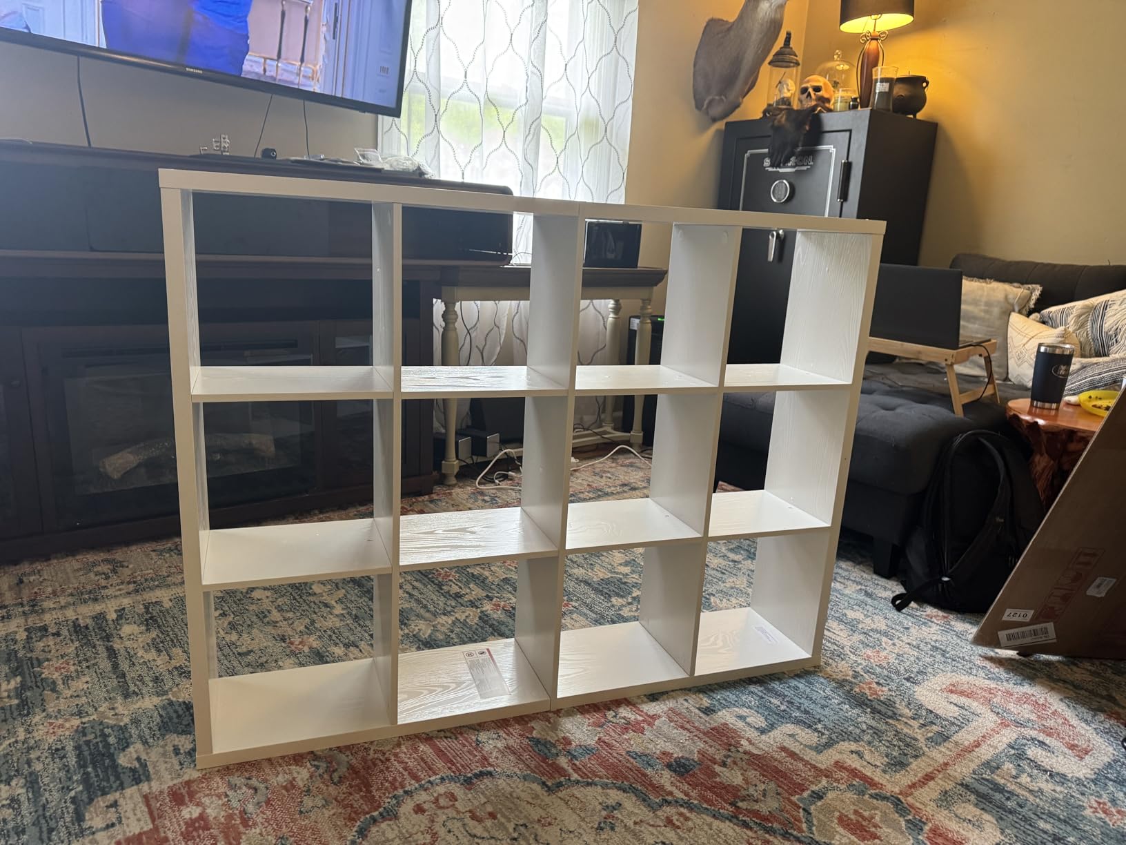 16-Cube Storage Organizer Bookcase, Thick Frame Wood Grain Storage Shelf, Rectangular Cube Open Back Display Unit, 48.8x9.4x48.8 Inches for Living Room, Bedroom, Home Office, Embossed Black customer photo 2