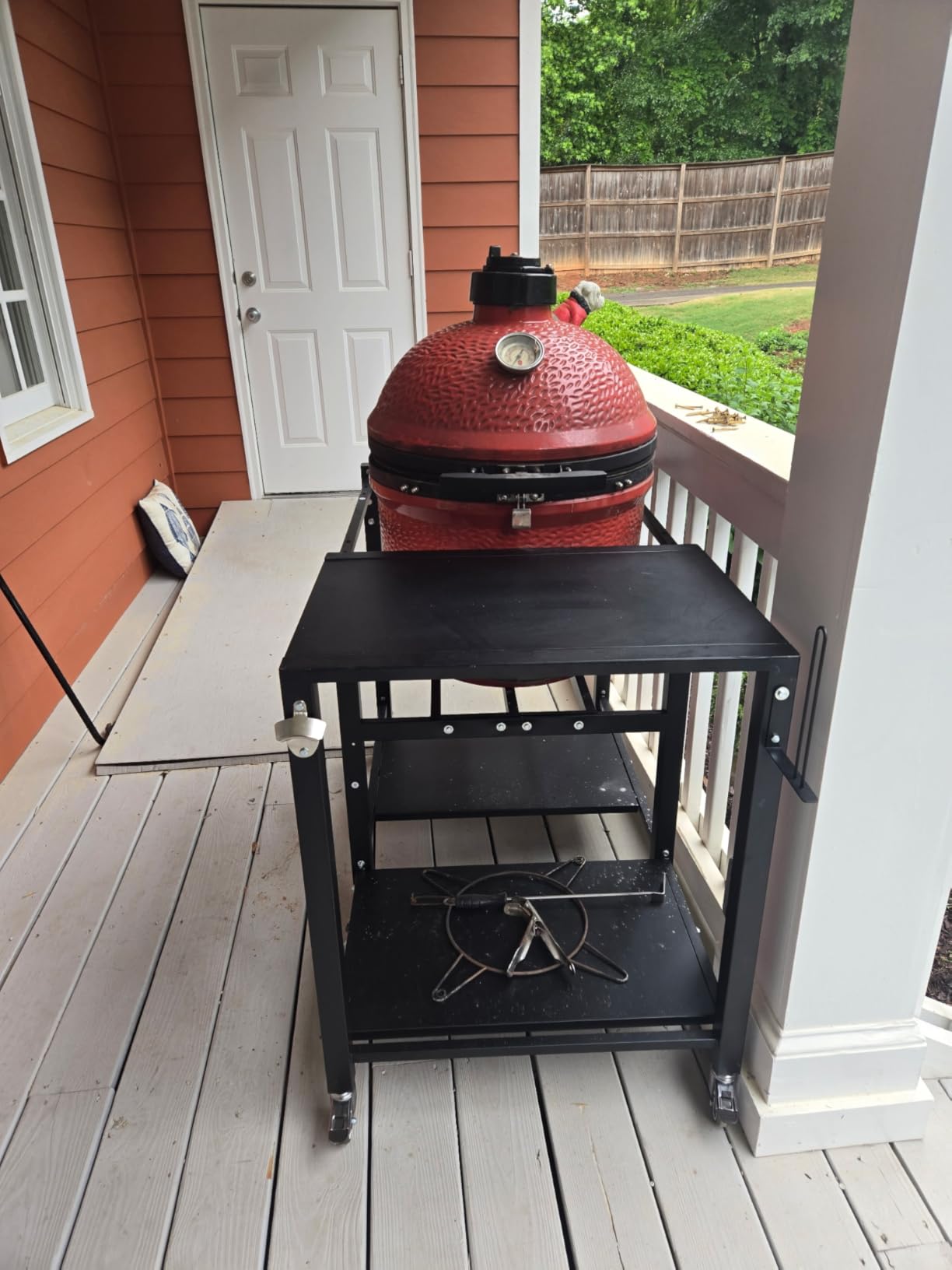 Outdoor Grill Table for Big Green Egg, BBQ Cart with Lockable Wheels | Suitable for Various Sizes of Green Egg Nest Grill Racks, Storage Rack & Bottle Opener, Prep Cooking Station for Party, Black customer photo 1