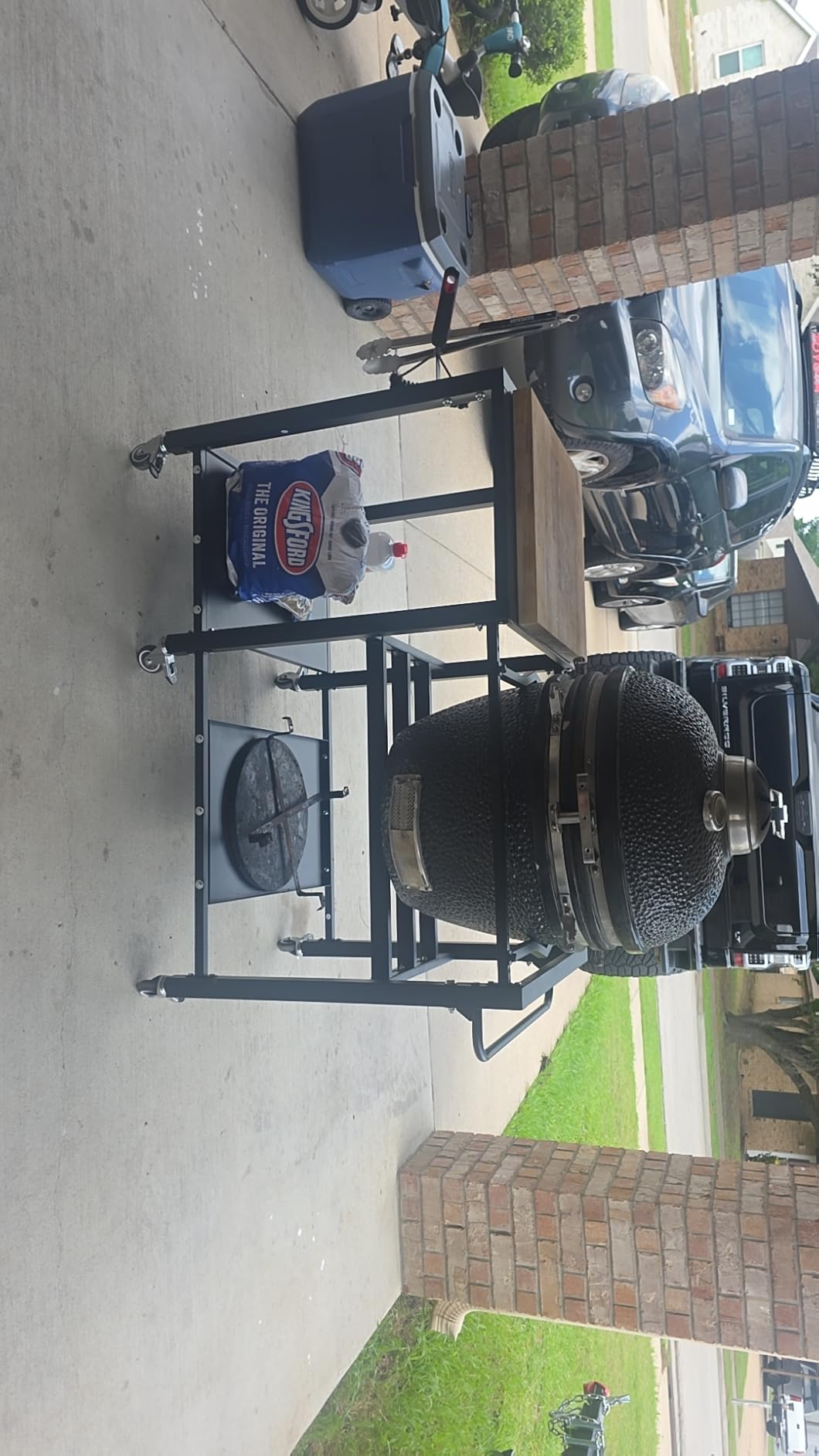 Outdoor Grill Table for Big Green Egg, BBQ Cart with Lockable Wheels | Suitable for Various Sizes of Green Egg Nest Grill Racks, Storage Rack & Bottle Opener, Prep Cooking Station for Party, Black customer photo 2