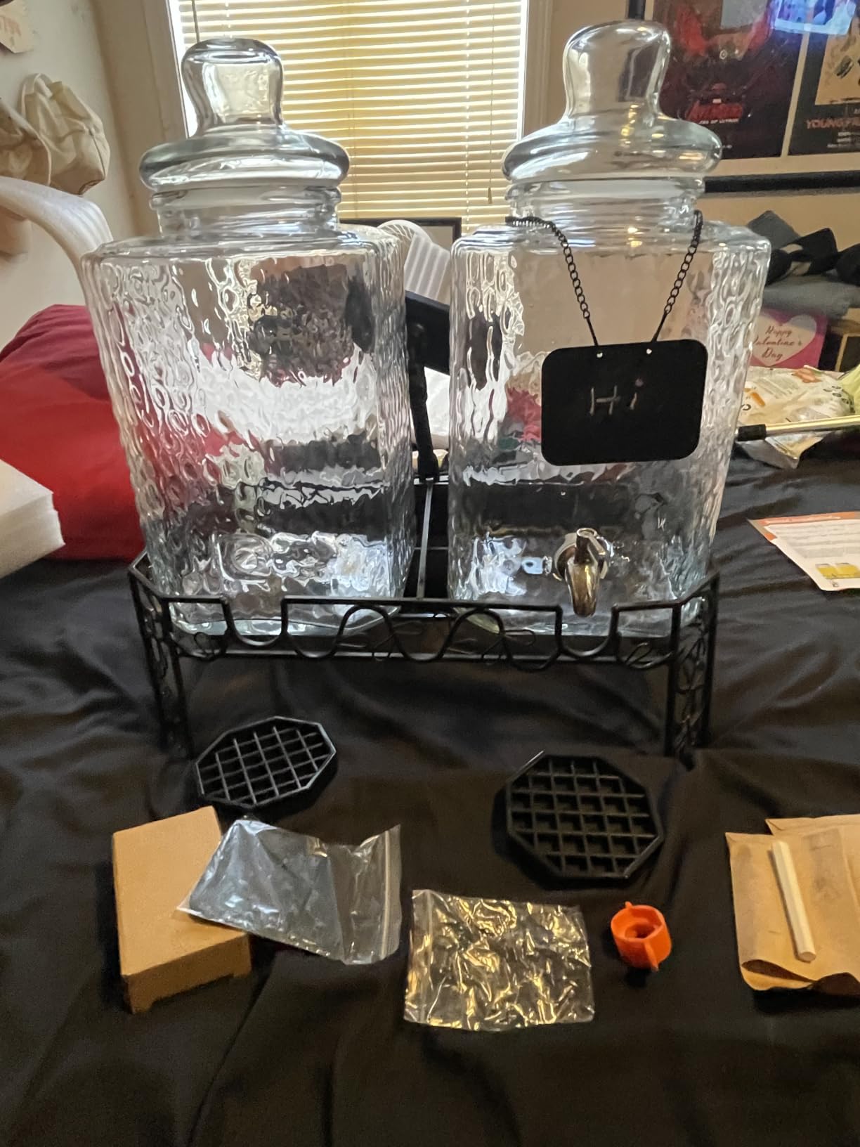 Dual 2.5 Gallon Glass Beverage Dispenser Set with Stainless Steel Spigots, Metal Stand & 2 Drip Trays - Hammered Mason Jar Style Drink Dispensers for Parties, Water, Iced Tea, Lemonade & More customer photo 1
