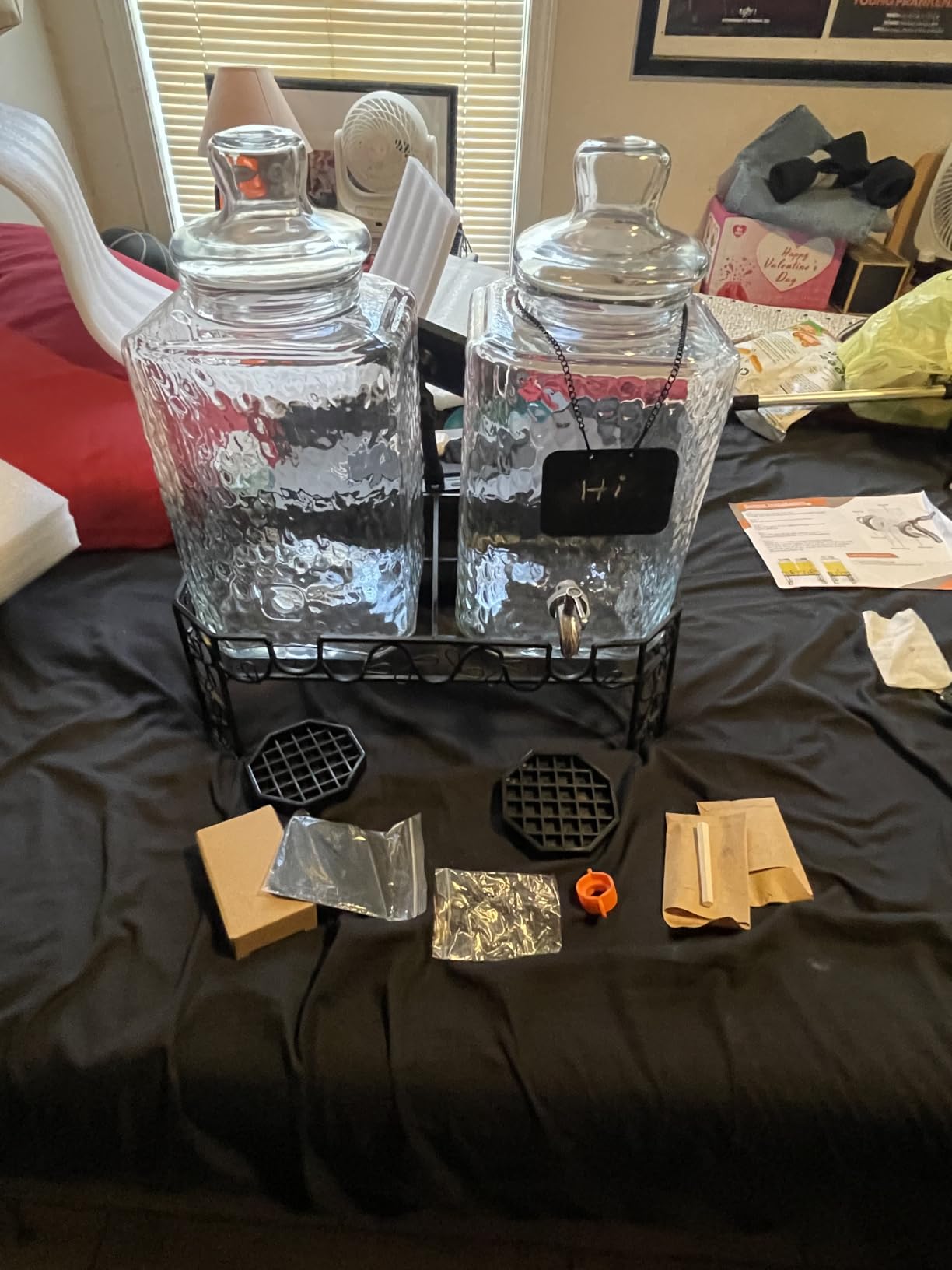 Dual 2.5 Gallon Glass Beverage Dispenser Set with Stainless Steel Spigots, Metal Stand & 2 Drip Trays - Hammered Mason Jar Style Drink Dispensers for Parties, Water, Iced Tea, Lemonade & More customer photo 2