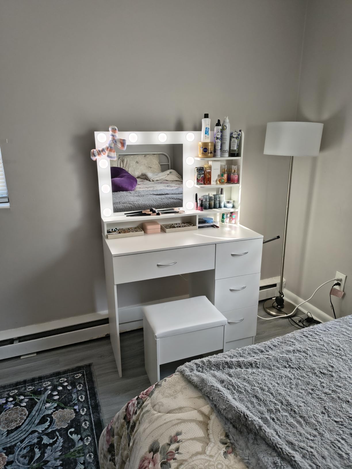 LIVELYGLOW White Makeup Vanity Desk with Charging Station & 4 Drawers | 10 LED Bulbs, HD Mirror, Cushioned Stool, Hairdryer Rack customer photo 1