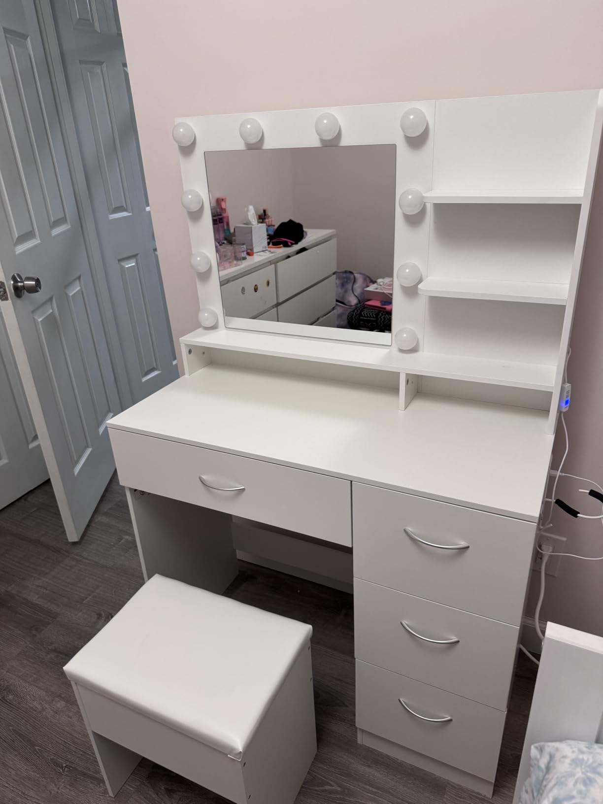 LIVELYGLOW White Makeup Vanity Desk with Charging Station & 4 Drawers | 10 LED Bulbs, HD Mirror, Cushioned Stool, Hairdryer Rack customer photo 2