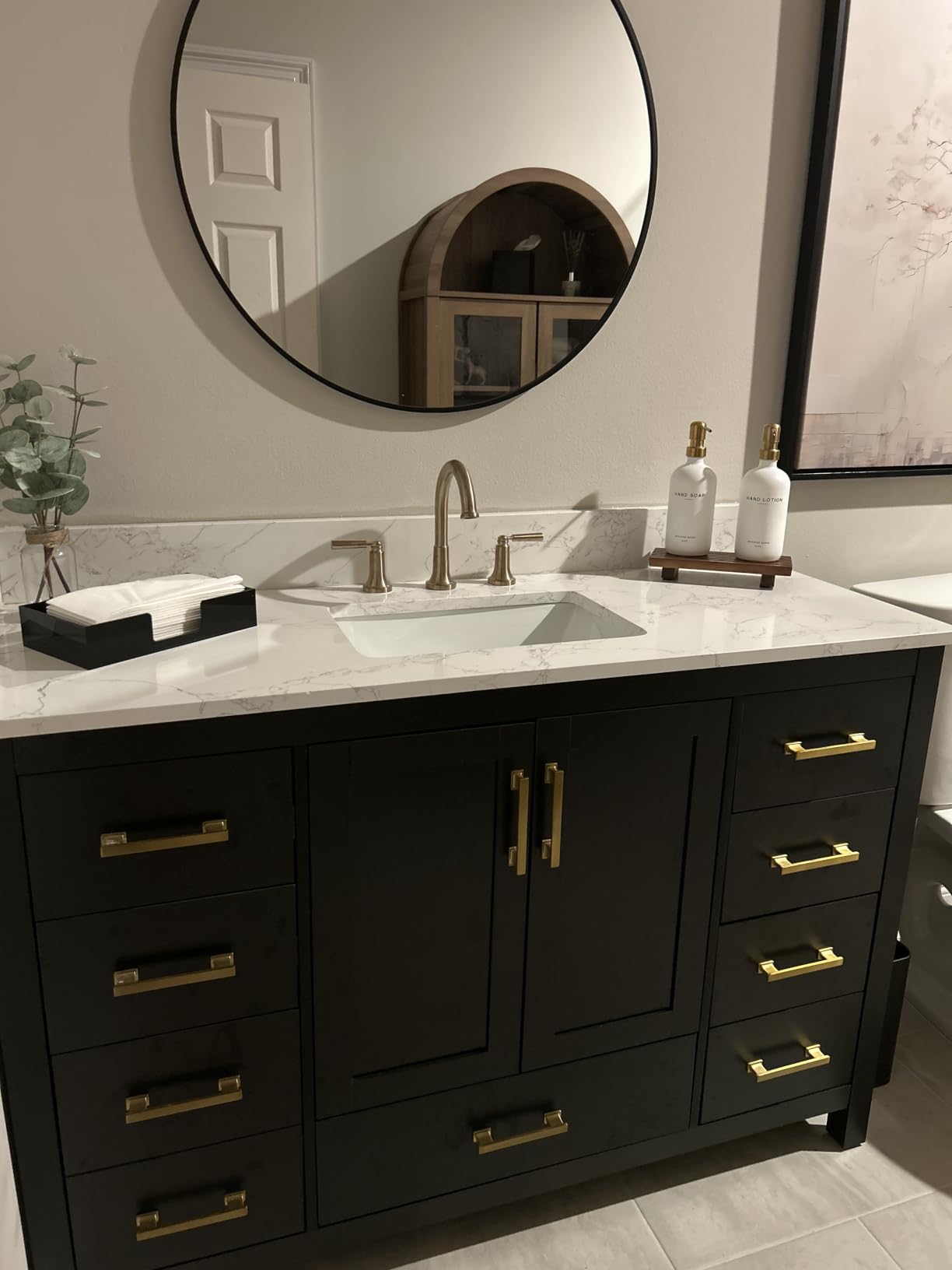 48 Inch Bathroom Vanity with Sink, Freestanding Single Sink Bathroom Vanities with Soft Close Doors & Drawers, Carrara Stone Top & Backsplash, No Assembly Required, Black customer photo 2