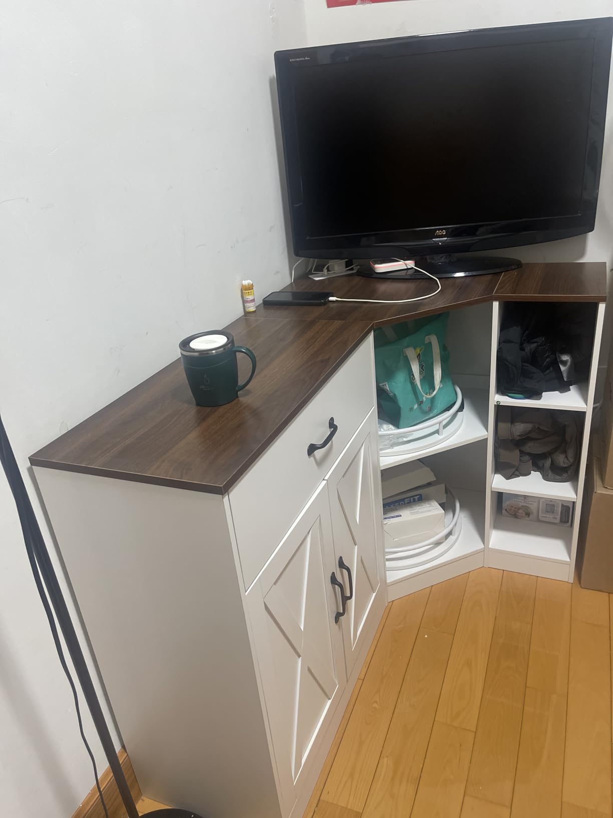 Corner Cabinet w/Charging Station, Kitchen Pantry Cabinet w/2 Tier Lazy Susan Turntable, Farmhouse Food Pantry w/Drawer & Doors & Adjustable Shelf, L-Shaped Sideboard for Dining Room (White) customer photo 1