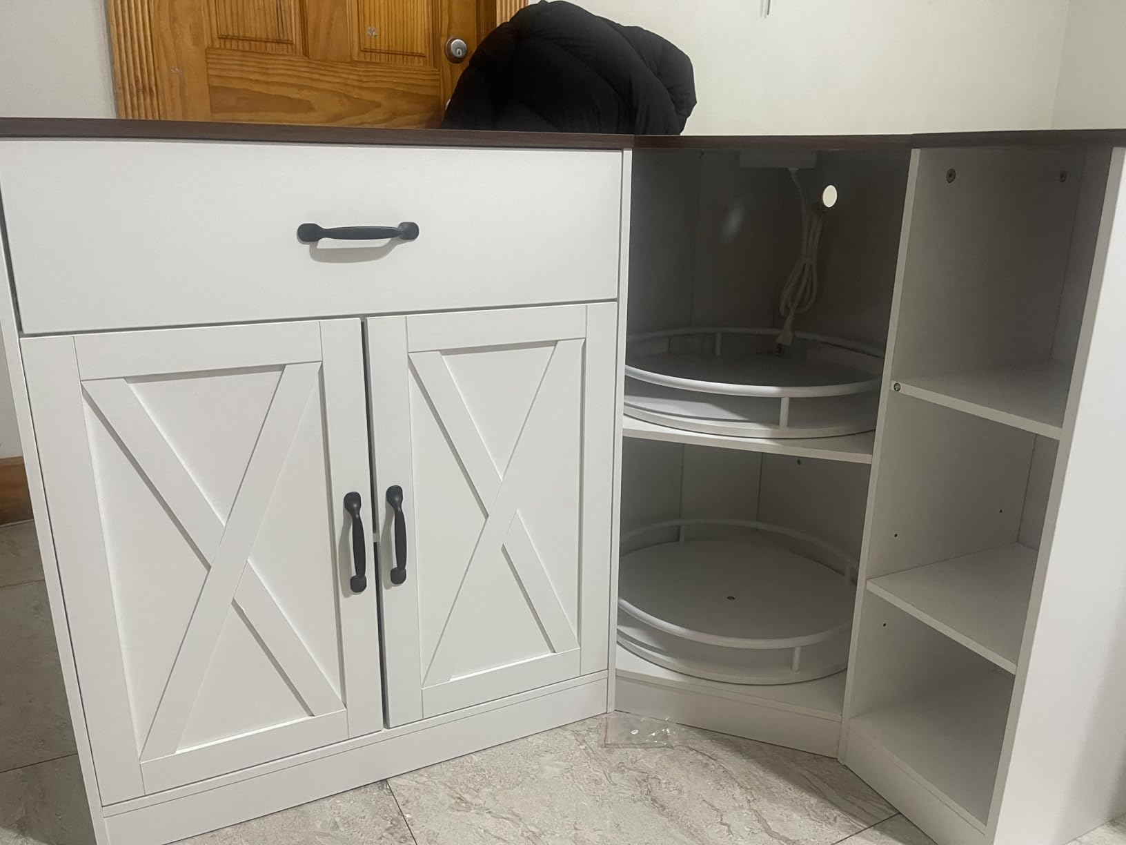 Corner Cabinet w/Charging Station, Kitchen Pantry Cabinet w/2 Tier Lazy Susan Turntable, Farmhouse Food Pantry w/Drawer & Doors & Adjustable Shelf, L-Shaped Sideboard for Dining Room (White) customer photo 2