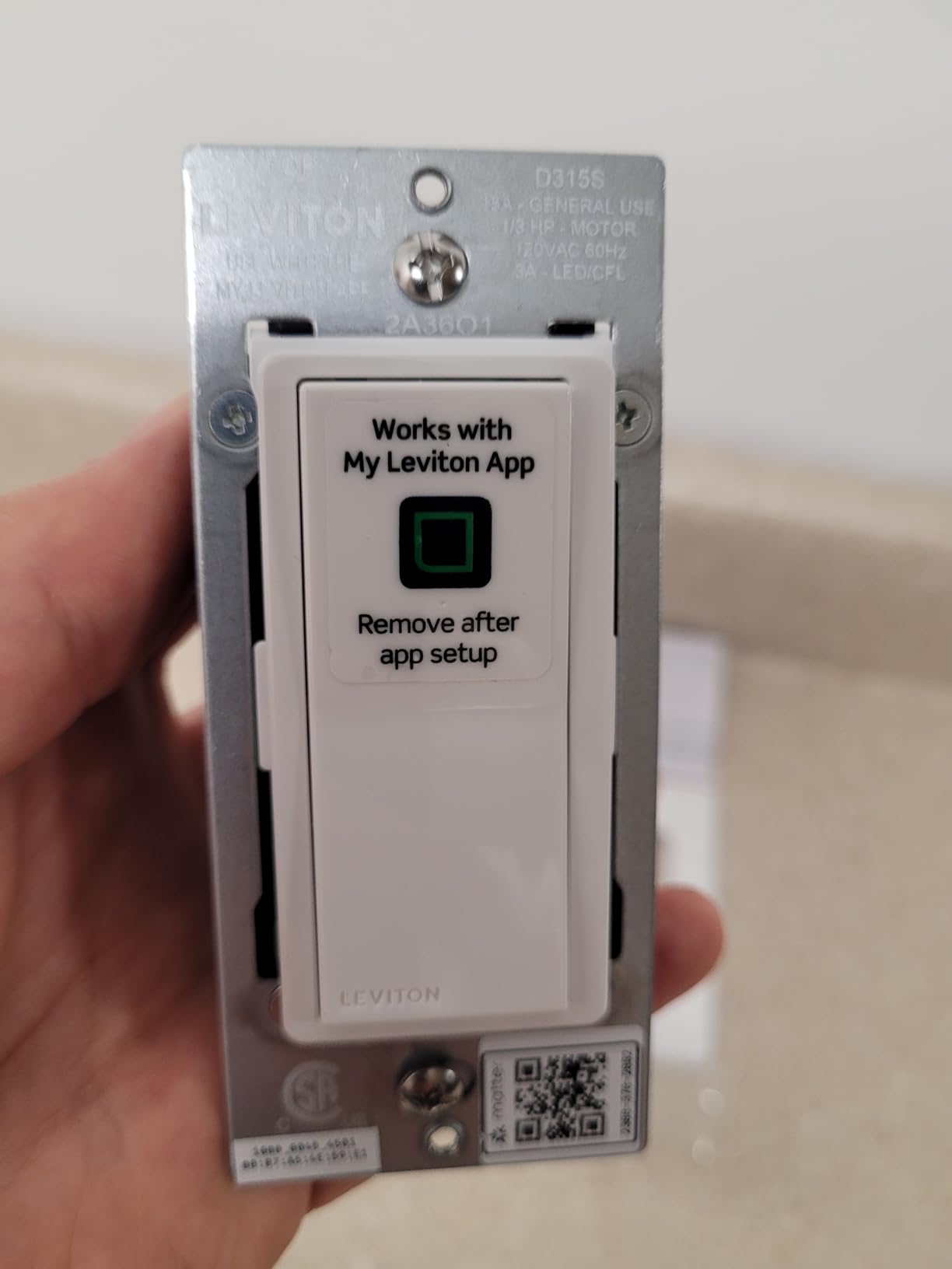 Leviton Decora Smart Switch, Wi-Fi, Works with Matter, Alexa, Google Assistant, Apple Home/Siri & Wired or Wirefree 3-Way, Neutral Wire Required, D315S-1RW, White customer photo 2
