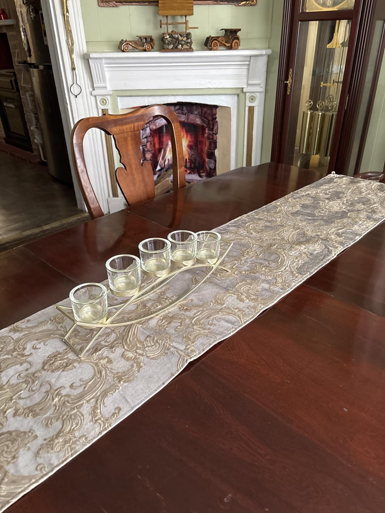 Seraphic Table Centerpiece for Dining Room, Extra Long Candle Holder, Clear | Iron Arch 10 Cup Candelabra, Mantel Patio Kitchen Coffee Decor, Black Metal, Chunky Clear Glass Cups, 36in Long customer photo 1