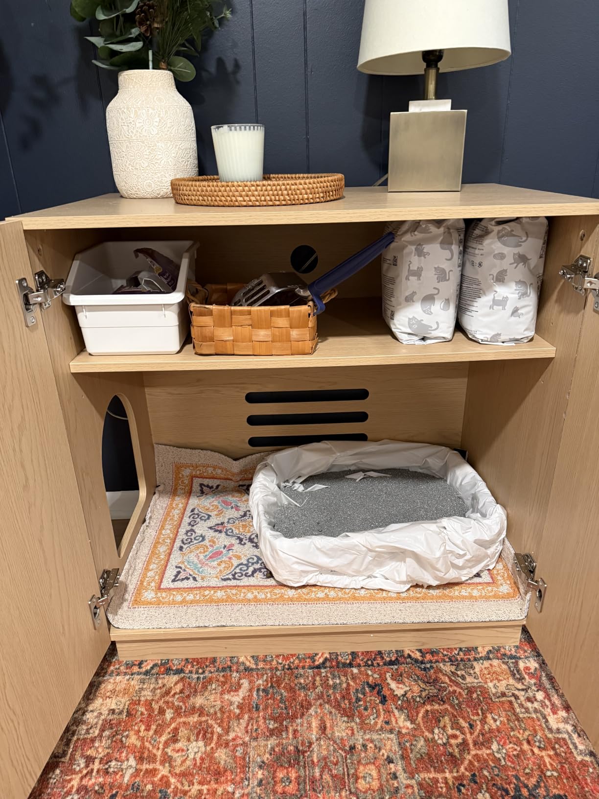Amunrbrek Large Litter Box Enclosure, Fluted Hidden Cat Litter Box Cabinet with Storage, Symmetrical Curved Accent Sideboard Furniture (Natural) customer photo 2