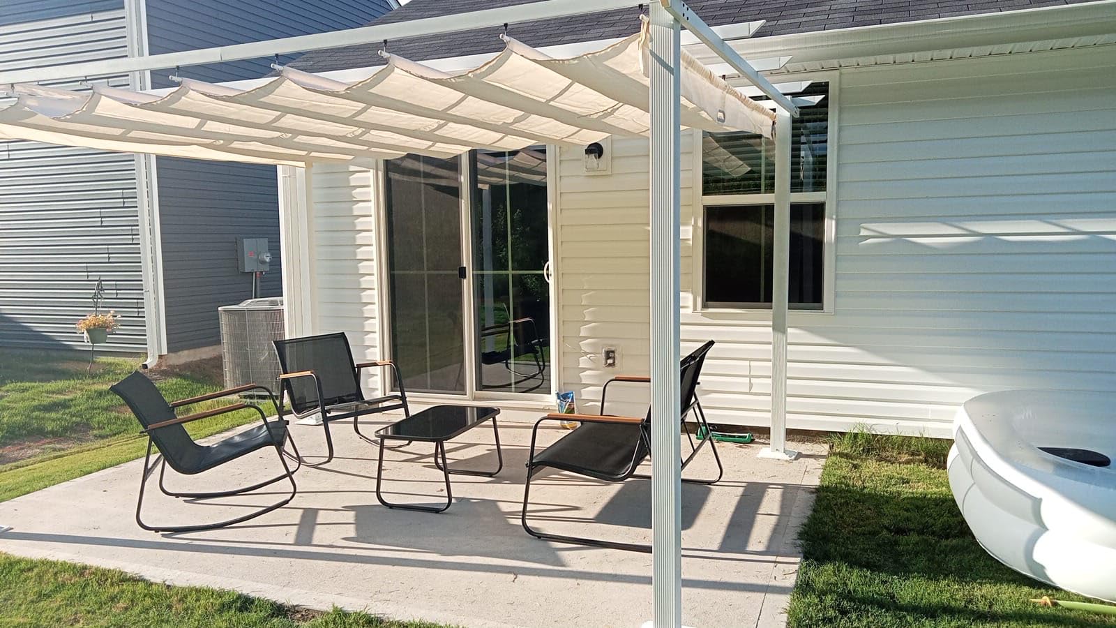 HAPPATIO 10' X 13' Wood-Grain Retractable Pergola with Sun Shade Canopy, Patio Aluminum Frame Shelter for Backyards, Gardens, Porch, Includes Ground Studs and Expansion Screws (Beige) customer photo 2