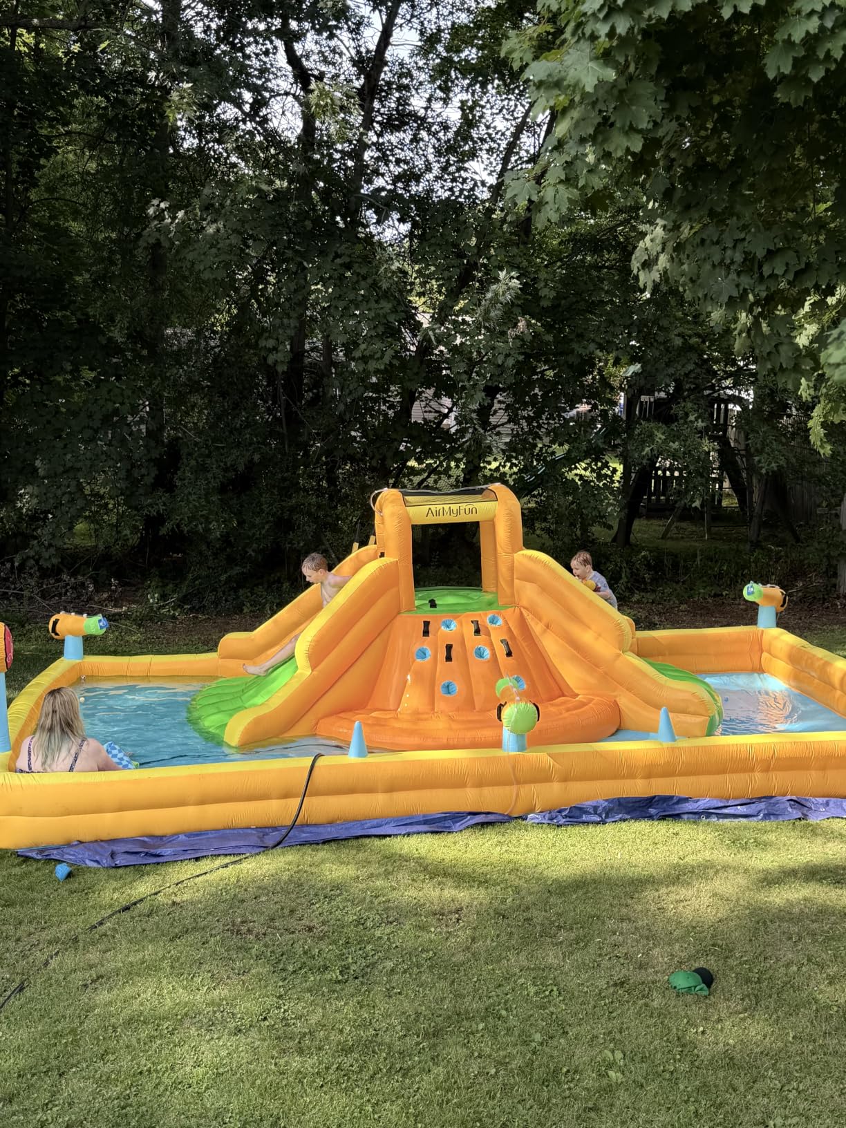 AirMyFun Inflatable Water Slide, Multifunctional Water Park for Kids Backyard with Double Wide Slides, Climbing Wall, Basketball Hoop, 3 Water Cannons, Inflatable Water Bounce House with Blower customer photo 2