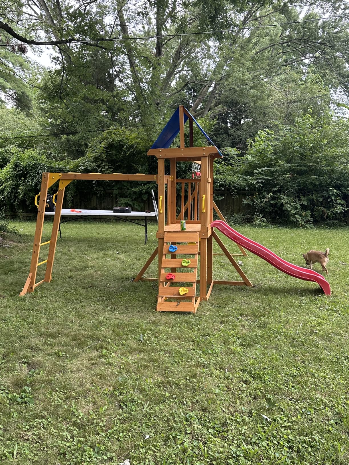 Wooden Swing Sets for Backyard, for Ages 3-10 | Kids Outdoor Playground Set, Picnic Table with Canopy, Monkey Bars, Robe Ladder, Cargo Net, Slide, Swings, Drawing Boards customer photo 1
