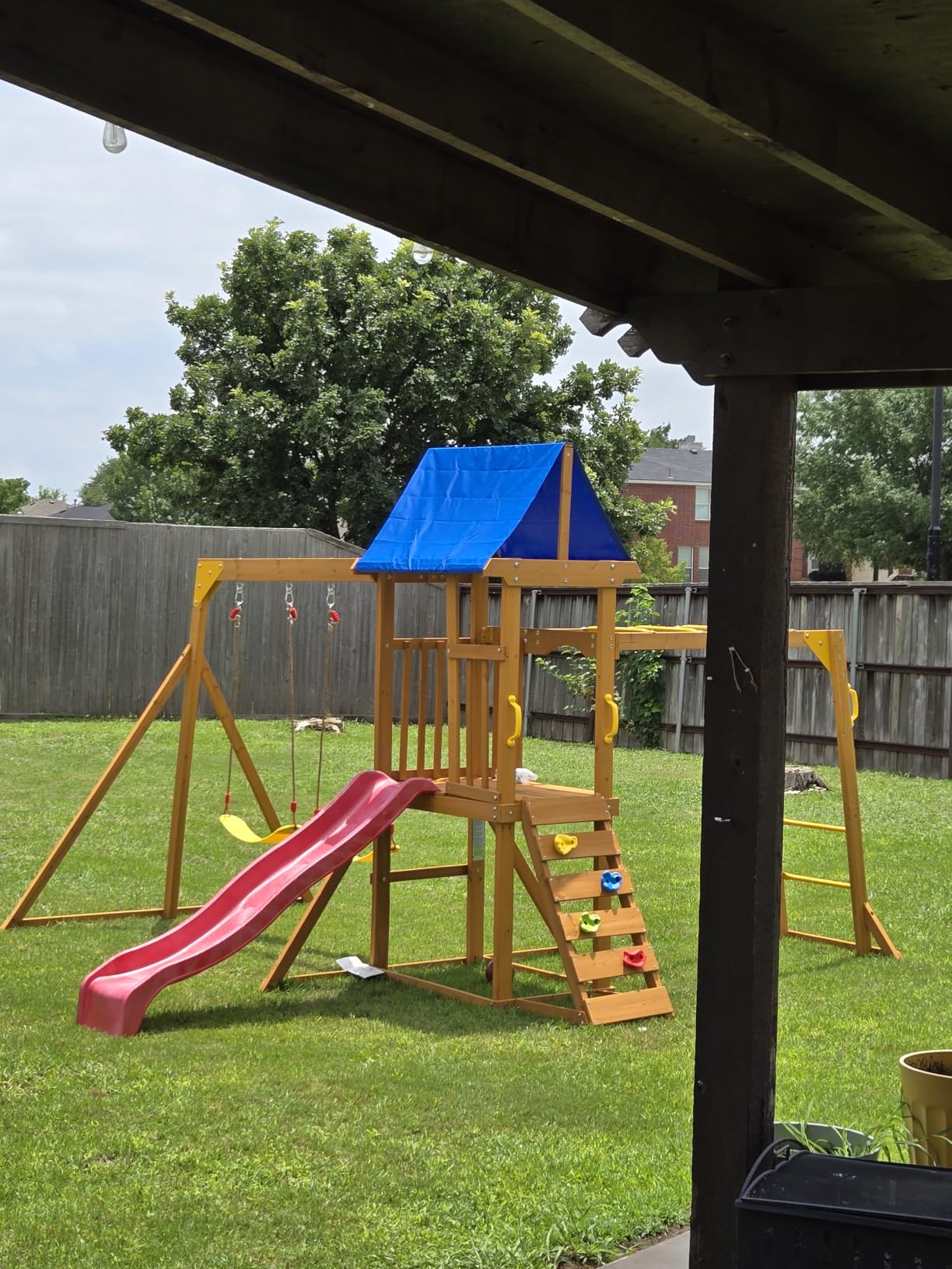 Wooden Swing Sets for Backyard, for Ages 3-10 | Kids Outdoor Playground Set, Picnic Table with Canopy, Monkey Bars, Robe Ladder, Cargo Net, Slide, Swings, Drawing Boards customer photo 2