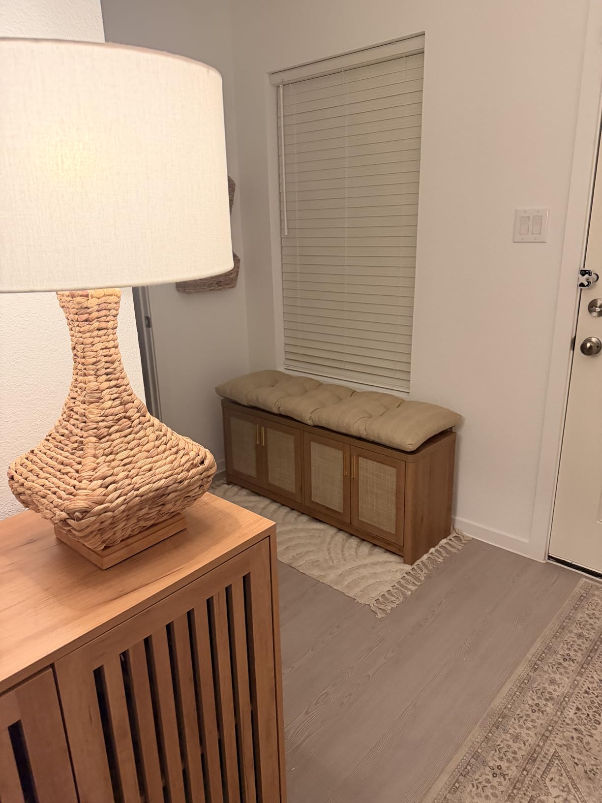 VASAGLE Boho Shoe Bench with Cushion, 4 Rattan-Look Cabinet Doors | Entryway Storage Bench, Rounded Corners, Adjustable Shelf, Natural Brown, ELLAN Collection ULSB502KC01 customer photo 2