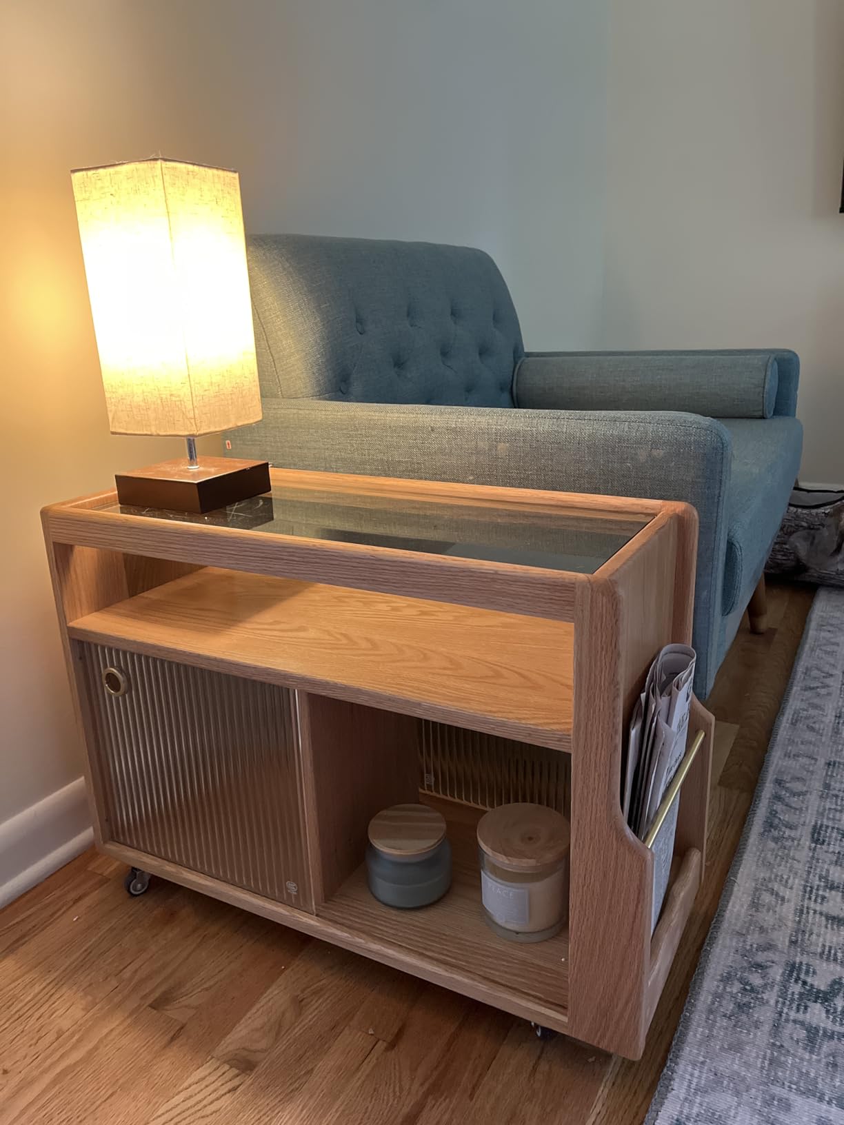 Solid Oak Side Table with Storage, Narrow End Table with Magazine Rack, Walnut Oak Finish with Natural Wood Grain customer photo 2