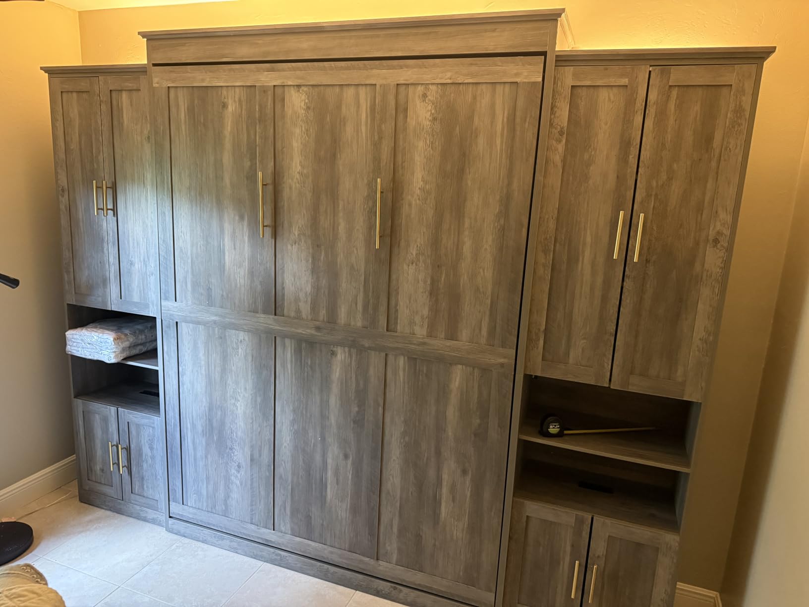 Murphy Bed Queen with 2 Storage Cabinets and USB Port, Black and Grey | Farmhouse wood wall bed folds into a hidden cabinet to save floor space, ideal for guest rooms, apartments and bedrooms. customer photo 2