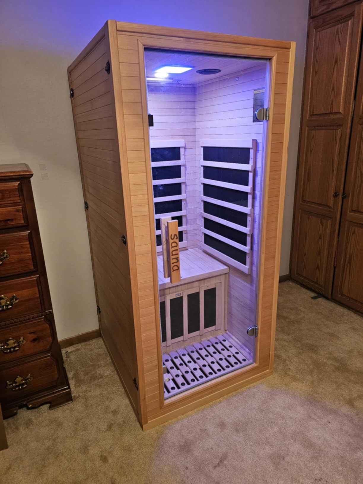 1 Person Far Infrared Sauna for Home, Canadian Hemlock Wood Indoor Sauna Room, 110V 1200W 5 Heating Panels, 149°F Max, 7-Color Light, Bluetooth Audio, Personal Relaxation Cabin, 32 x 34 x 67 in customer photo 2