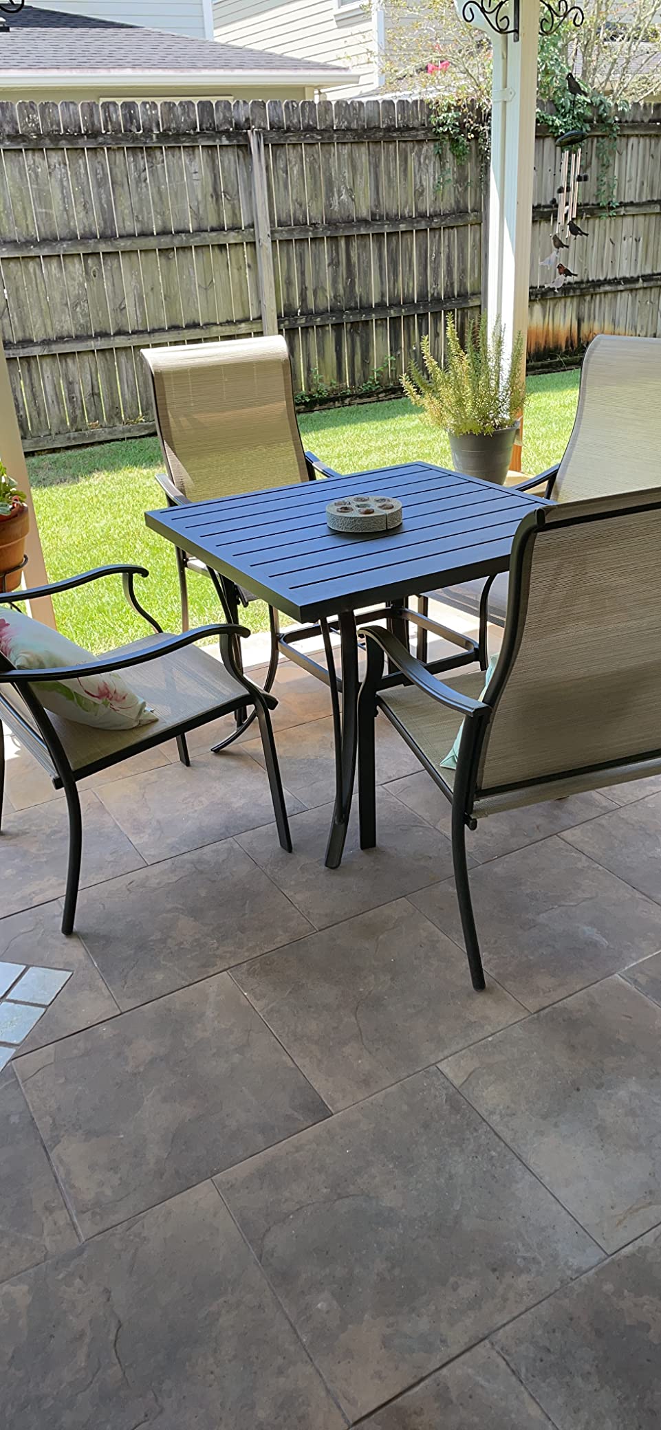 HAPPATIO Outdoor Patio Dining Set, 6 Quick Dry Textilene Dining Chairs and Dining Table with Umbrella Hole, Stackable Textilene Chairs for Garden, Patio and Poolside Backyard, Navy customer photo 1