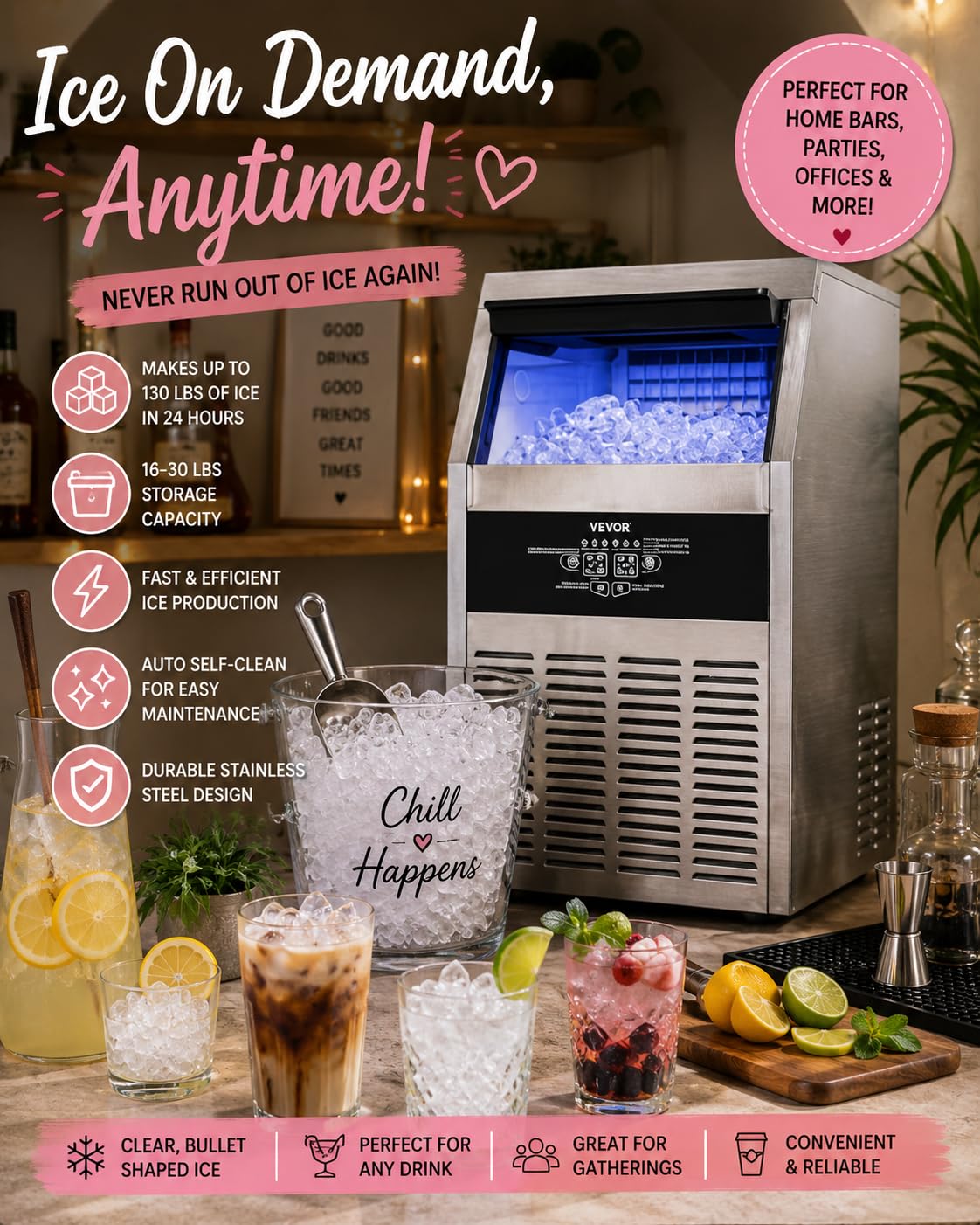 VEVOR Commercial Ice Maker Machine, 130 lbs/24h with 16-30 lbs Storage Capacity, Built-in/Freestanding/Under Counter, Stainless Steel Ice Maker with LED Display & Self-Cleaning, Home Bar Restaurant customer photo 2