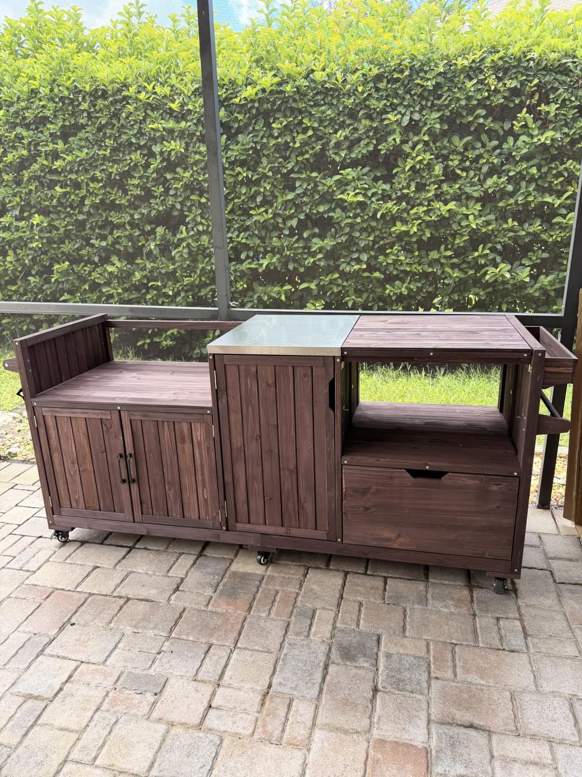 Outdoor Kitchen Island for Big Green Egg Grills, Grill Cart Table with Stainless Steel Top and Blackstone Griddle, Kitchen Storage Table with Cabinets and Drawer for 21