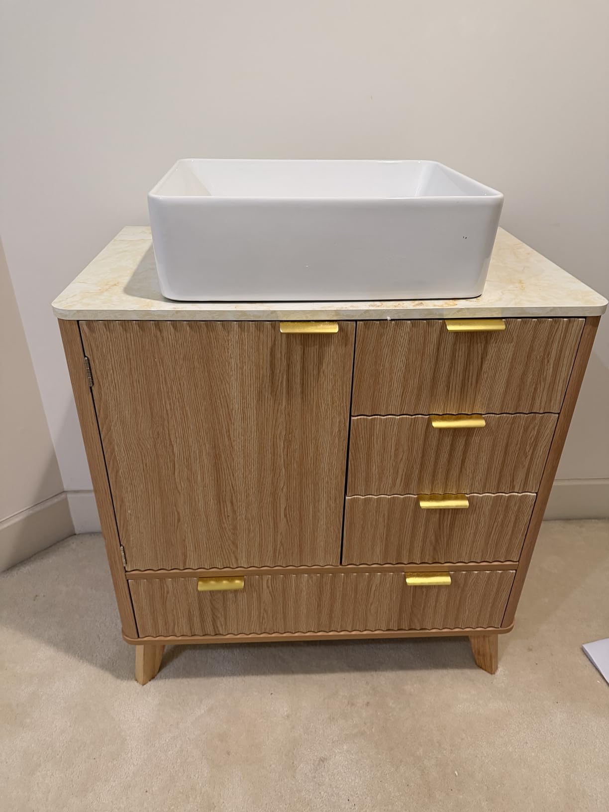 Concho 31'' Fluted Bathroom Vanity with Ceramic Sink Natural Oak | Marble Look Wood Countertop, Ceramic Vessel Sink, 4 Spacious Drawers, Modern Fluted Design, Freestanding Bathroom Vanity customer photo 1