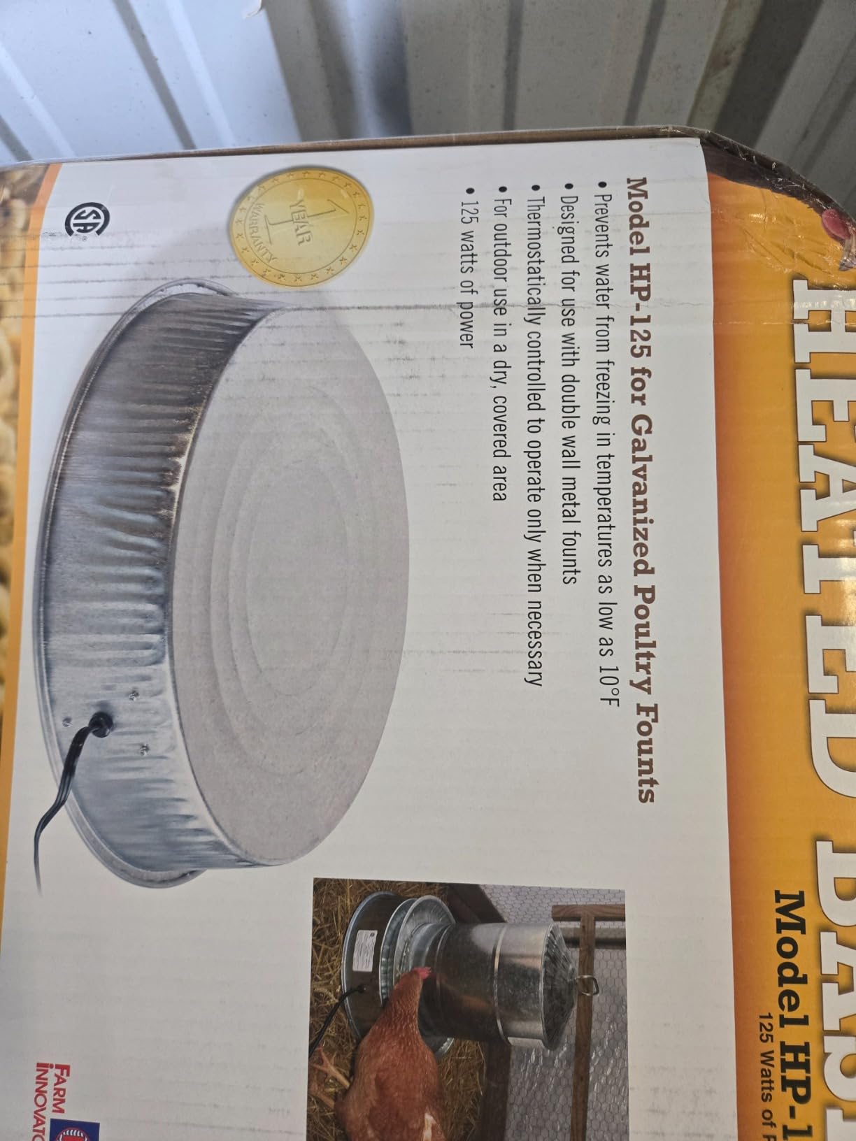 Farm Innovators 125 Watt Heated Base for Double Wall Metal Poultry Founts with 35 Degrees Fahrenheit Temperature and Below, Metallic | For outdoor use with double wall metal founts, prevents water from freezing in temperatures as low as 10° F (-12° C) customer photo 1