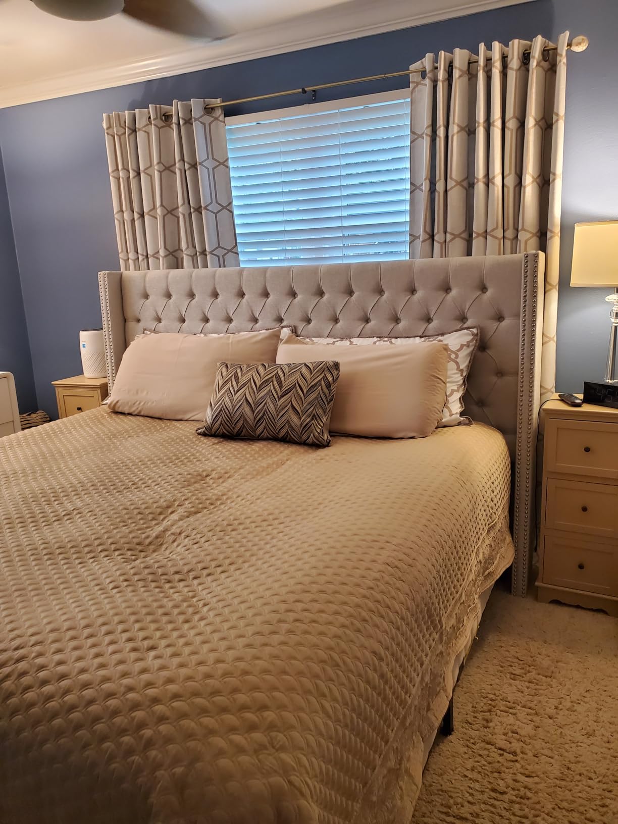 Madison Park Amelia Upholstered Headboard | Nail Head Trim Wingback Button Tufted | Queen, Cream customer photo 1