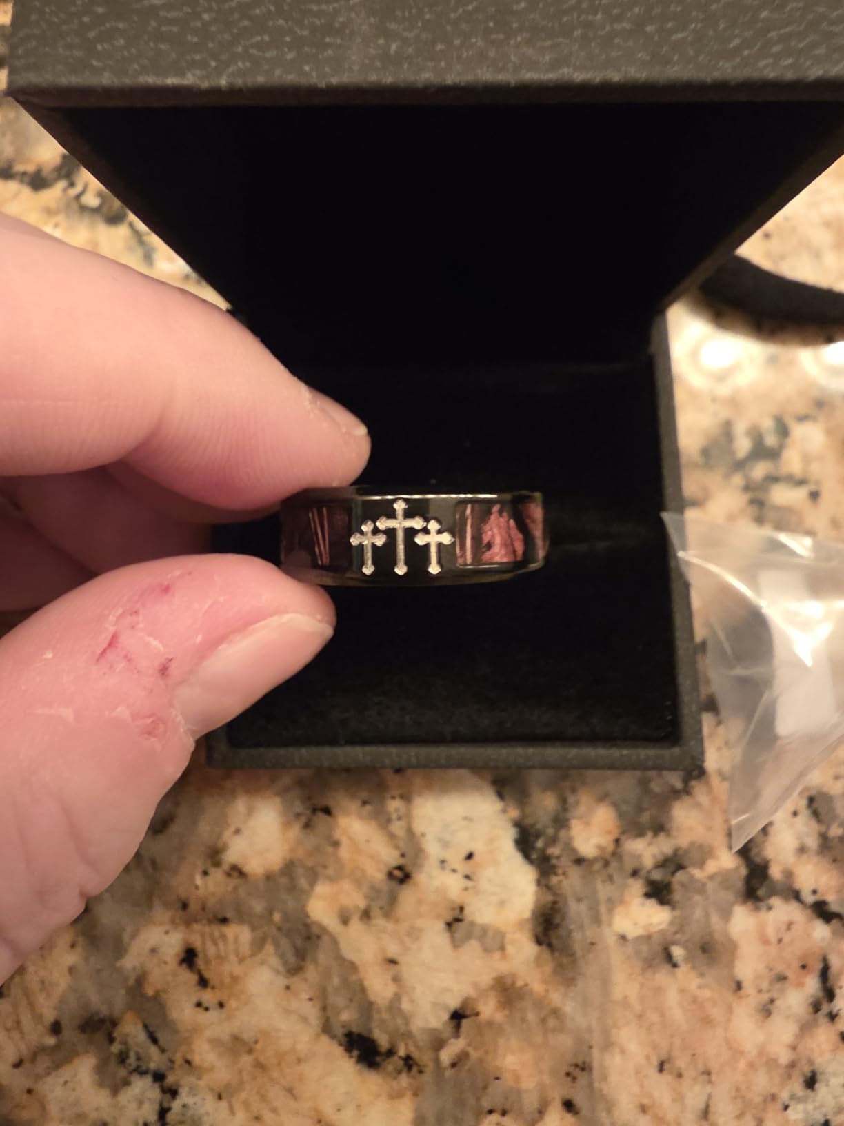 Men's 8mm Black Titanium Ring Mens Wedding Bands Contrasting Engraved Crosses and Brown Camouflage Inlaid Christian Ring customer photo 1