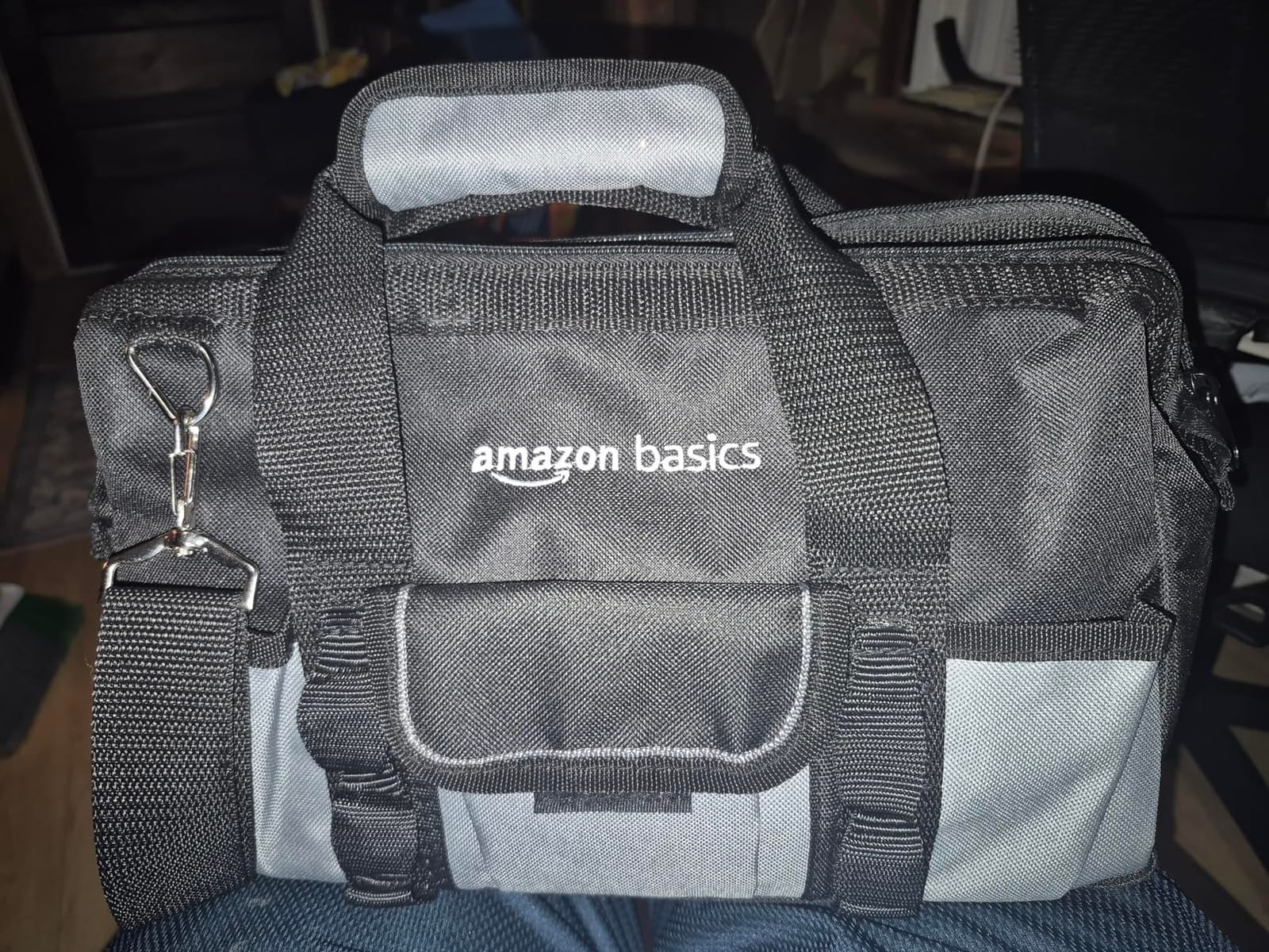 Amazon Basics Durable Wear-Resistant Tool Storage Bag with Adjustable Shoulder Strap, Portable Tool Organizer, 16 Pockets, 12 in, Black & Gray customer photo 1