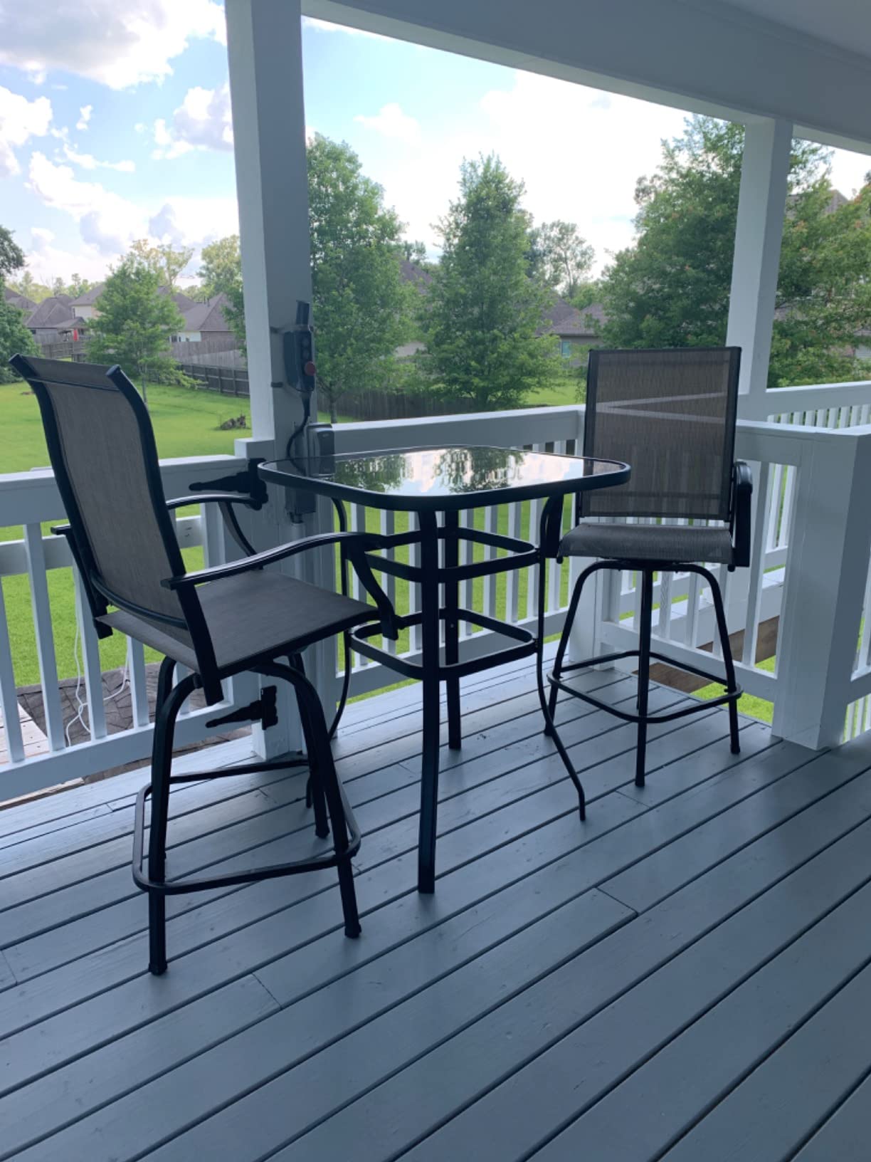 Vongrasig 3 Piece Patio Swivel Bar Set, All Weather Mental Textilene High Swivel Stools Chair Set of 2 and Glass Bar Table, Outdoor High Top Bistro Set for Lawn Garden, Balcony, Taupe customer photo 1