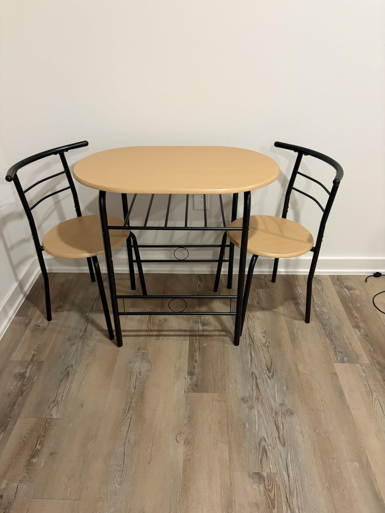 VINGLI 3 Piece Dining Set,Small Kitchen Table Set for 2,Breakfast Table Set,Kitchen Wooden Table and 2 Chairs for Small Space/Dining Room/Apartment,Metal Frame,Wine Rack,White&Light Oak customer photo 1