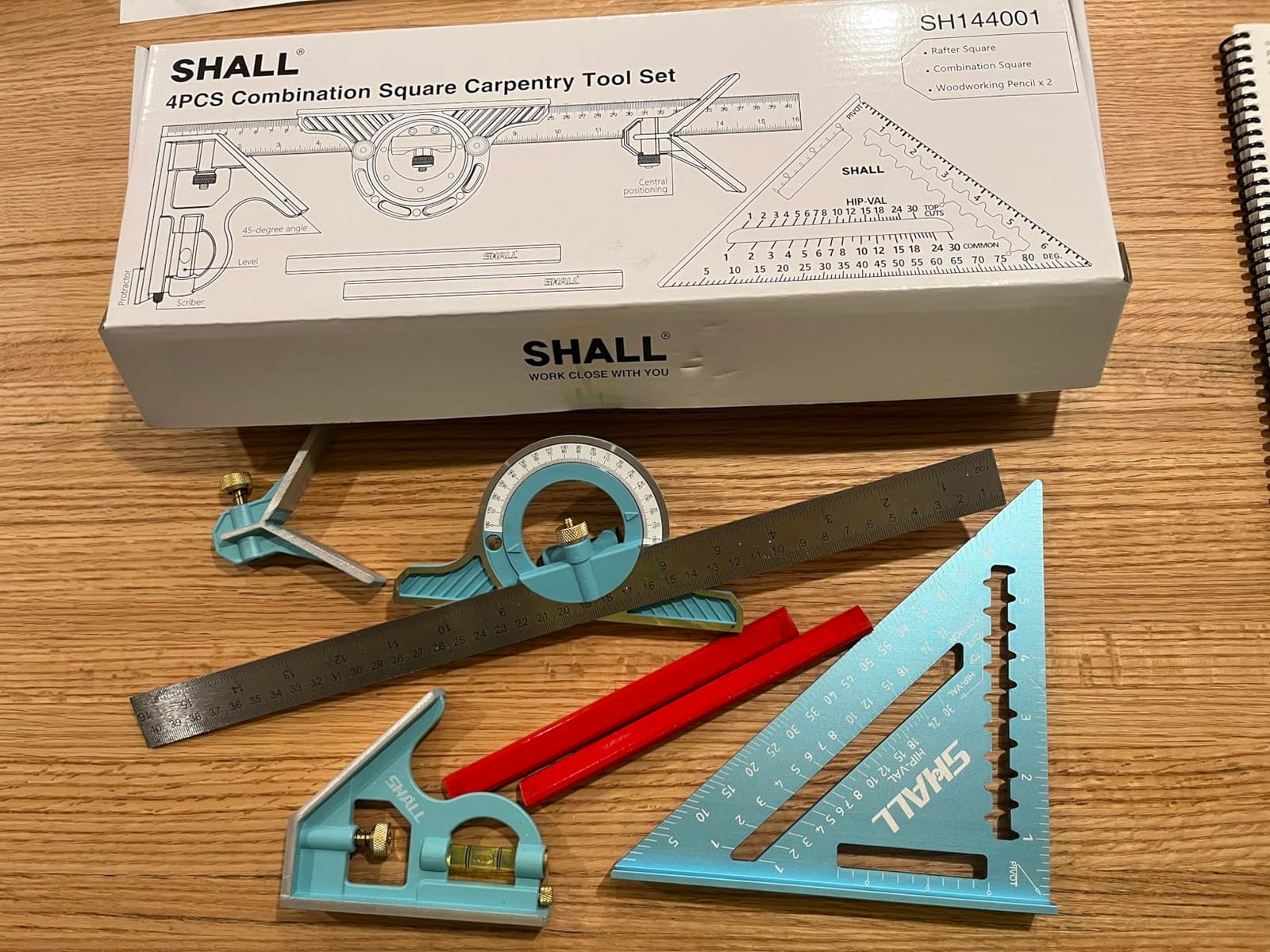 SHALL Rafter Square & Combination Square Tool Set, 7 Inch Aluminium-Alloy Carpenter Square & 16 Inch Zinc-Alloy Woodworking Framing Combo w/Stainless Steel Ruler, 2 Carpentry Pencils, Scriber customer photo 2