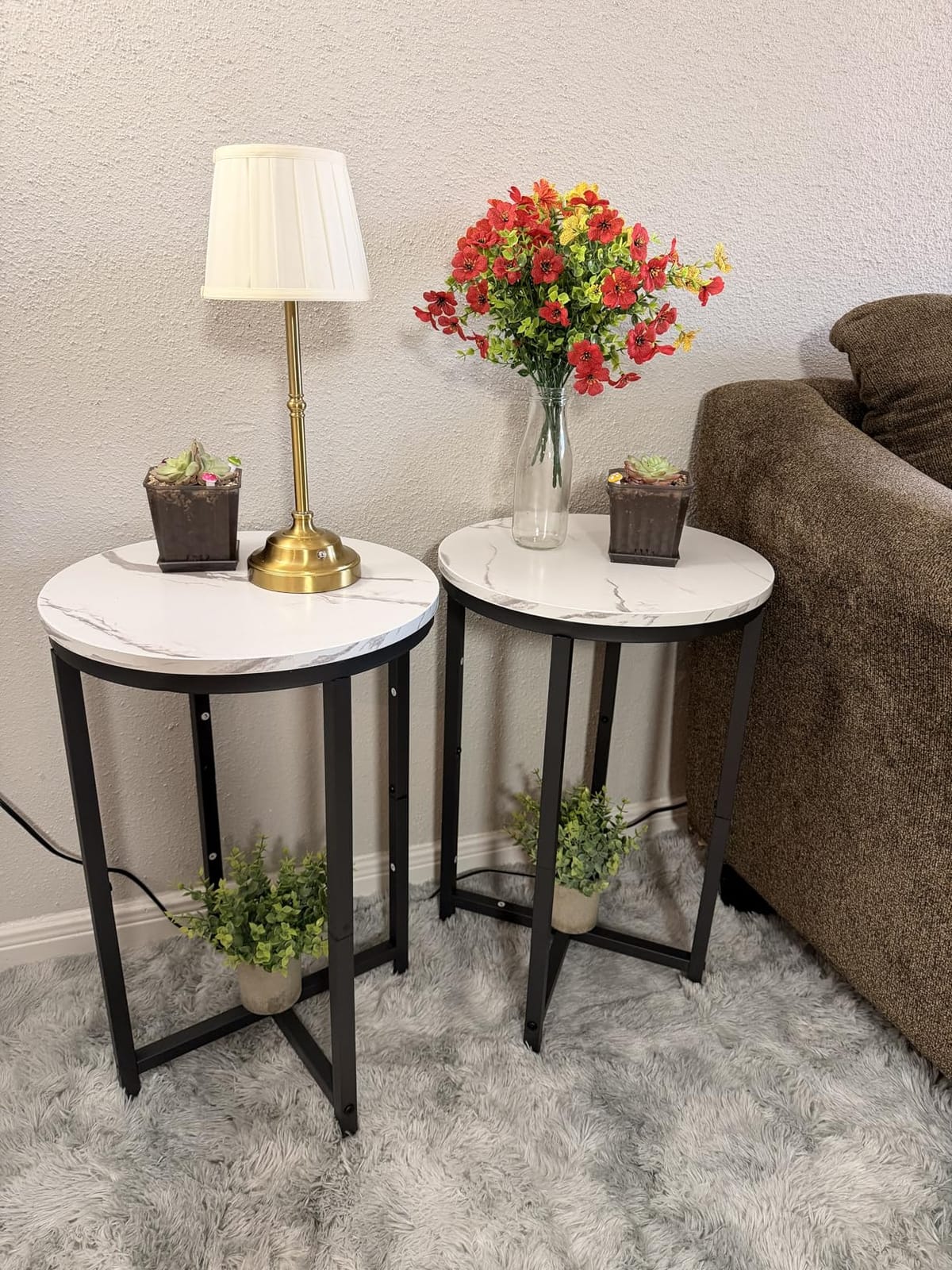DKLGG Modern Gold Side Table Set of 2, Small Coffee Table Round End Table with Gold Frame, Faux Marble Side Table Bedside Table for Living Room, Bedroom, Small Space, 16