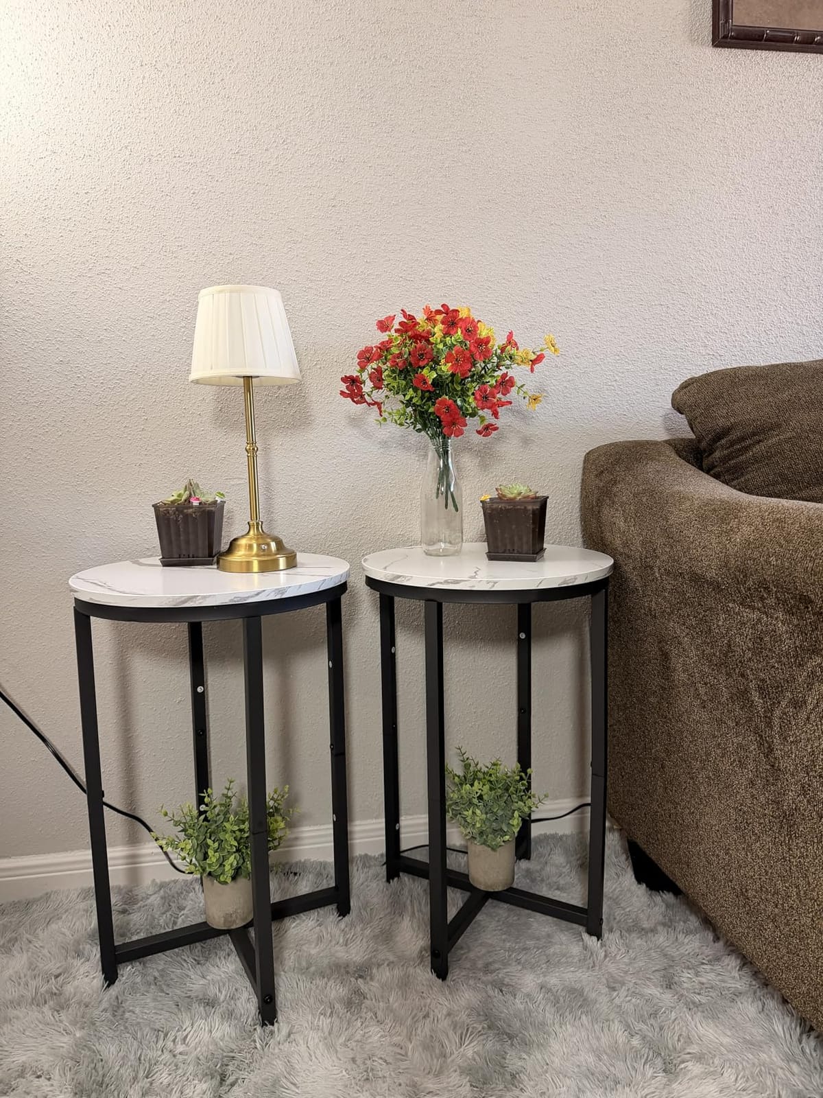 DKLGG Modern Gold Side Table Set of 2, Small Coffee Table Round End Table with Gold Frame, Faux Marble Side Table Bedside Table for Living Room, Bedroom, Small Space, 16