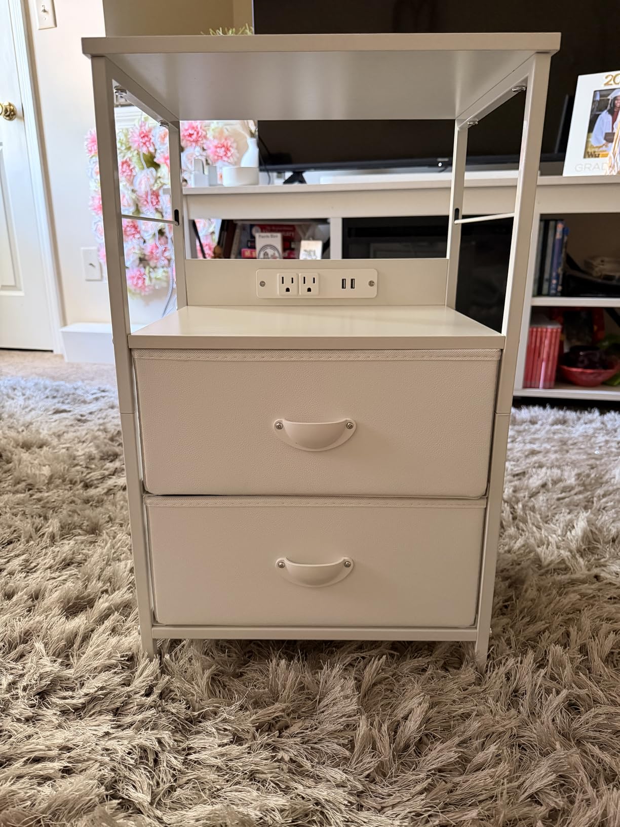 Furologee Night Stand with Charging Station, 2 Fabric Drawers, White customer photo 1