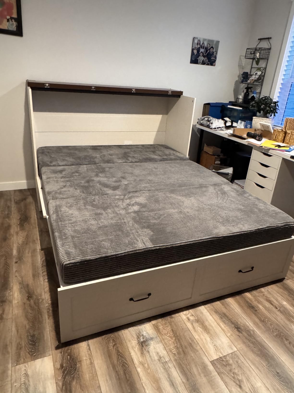 Hlivelood Queen Size Murphy Chest Bed with Drawer and Charging Station, Farmhouse Wood Space-Saving Hidden Folding Bed Chest, Multifunctional Storage Cabinet Beds for Bedroom, Office, Black customer photo 2