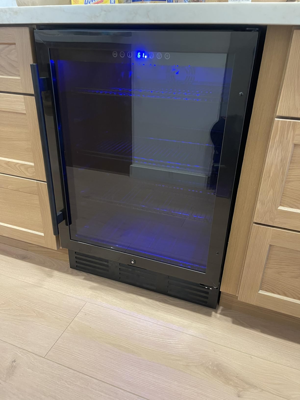 24 Inch Beverage Refrigerator 180 Cans | Under Counter Glass Door | 24 in beverage refrigerator, 180 cans, glass door, LED, lock, built-in or freestanding, quiet cooling for home, bar, kitchen customer photo 1