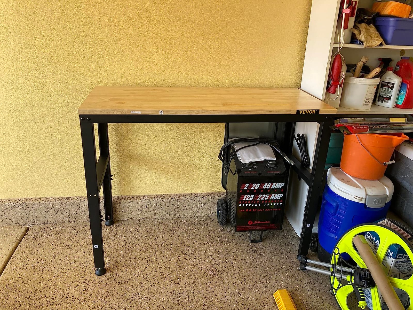 VEVOR Adjustable Workbench, 5000 lbs Capacity, 72 x 24 Inch Oak Wood Top Workstation with 4 AC Outlets & 2 USB Ports, Heavy-Duty Hardwood Worktable for Garage, Workshop, Home, Office, Commercial customer photo 1