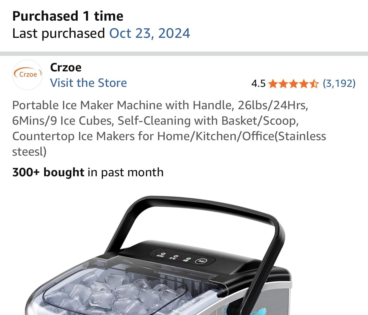 Crzoe Countertop Ice Maker,26Lbs/24H, 2 Ice Sizes, Self-Cleaning, Black customer photo 1
