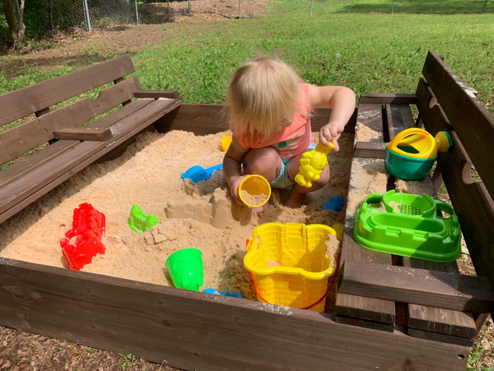 Badger Basket Wooden Sandbox with Cover & Folding Benches - Outdoor Sand Box for Kids & Toddlers, Large Backyard Sand Pit Playset with Convertible Lid, (46.5 x 46.5 x 9.5 Inches) - Natural/Green customer photo 2