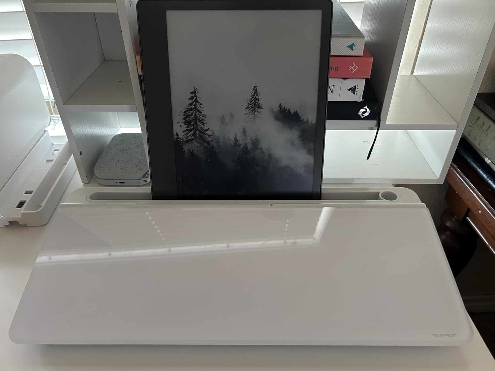 TSJ OFFICE Small Desktop Whiteboard -Glass Dry Erase Board Computer Keyboard Stand White Board Surface Pad with Drawer, Desk Organizers with Accessories for Office, Home, School Supplies - White customer photo 2