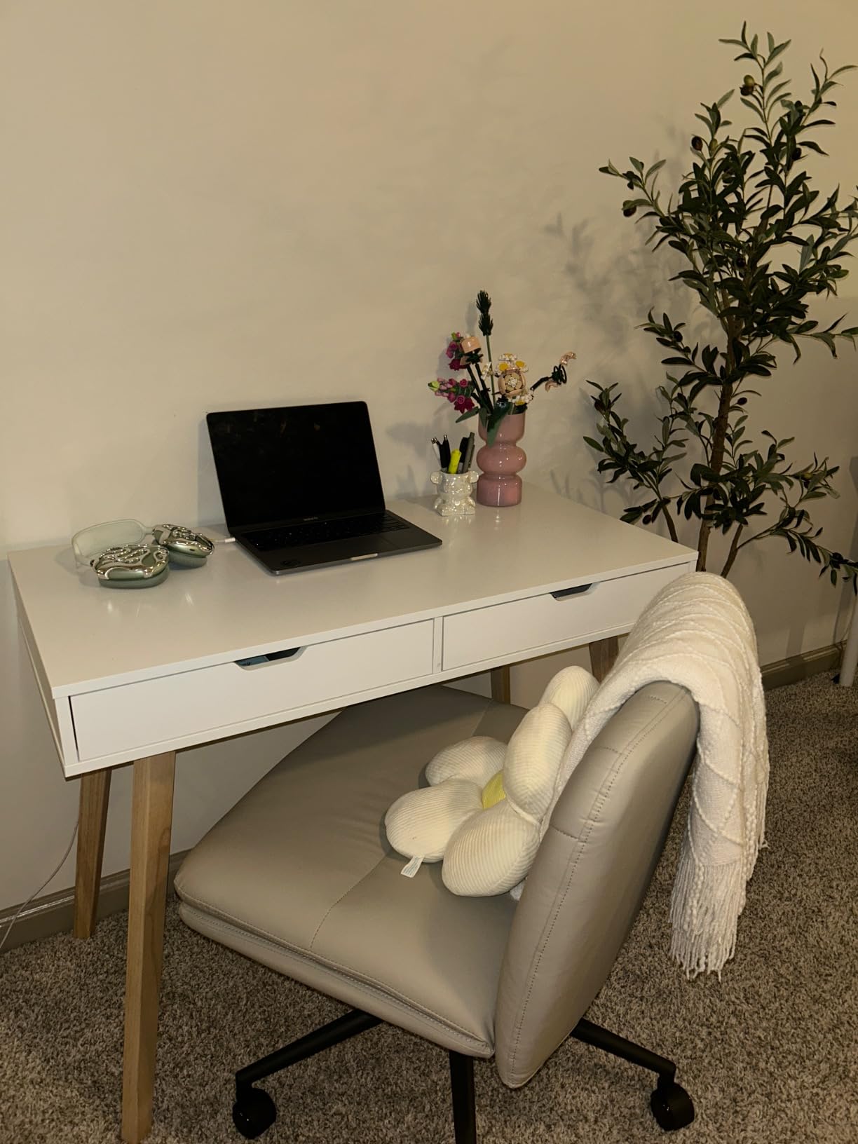 FOTOSOK White Writing Desk with 2 Drawers, Small Desk Makeup Vanity Table customer photo 2