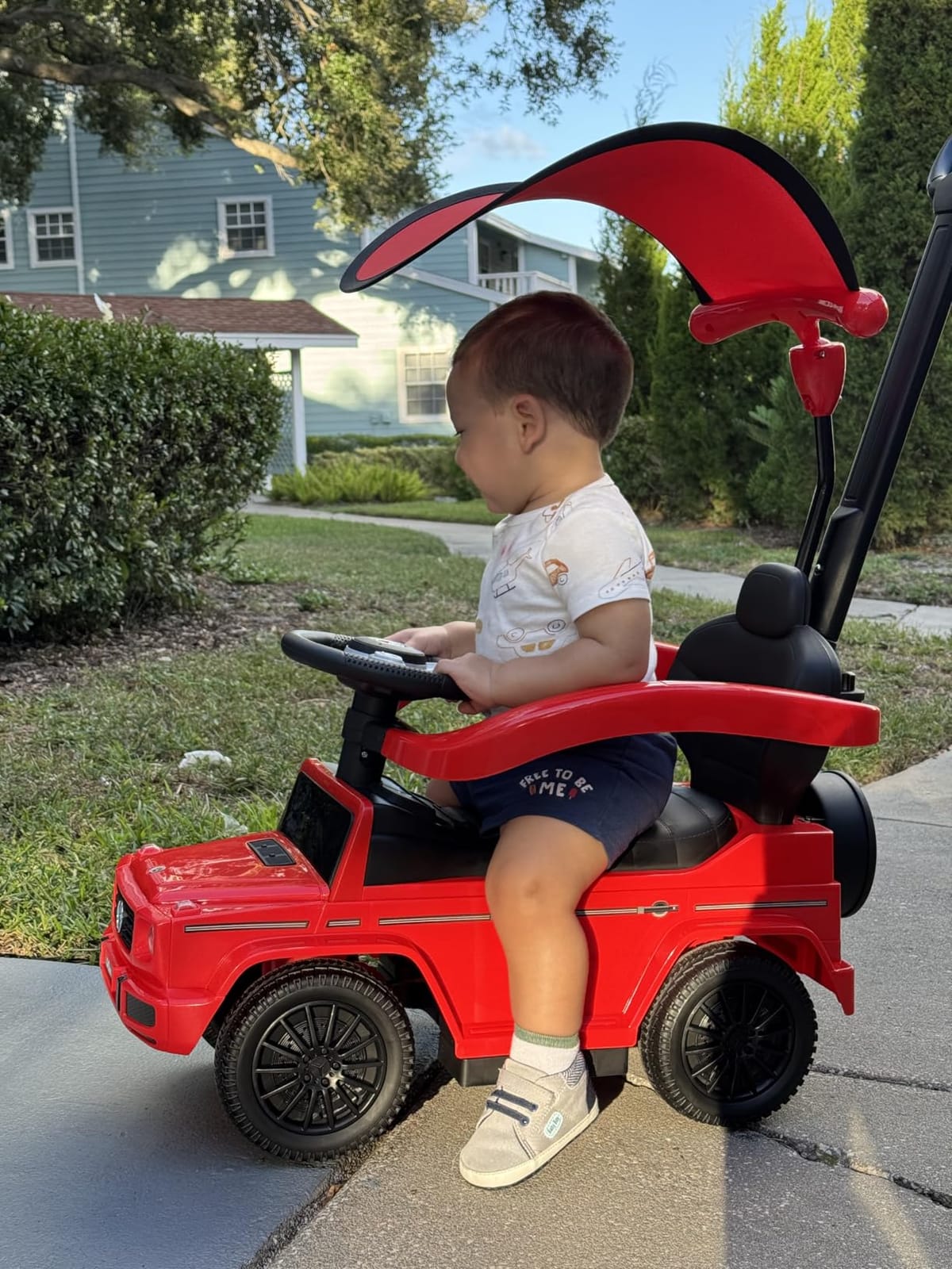 Costzon Push Car for Toddlers, 3 in 1 Mercedes Benz Stroller Sliding Walking Car w/Canopy, Handle, Armrest Guardrail, Underneath Storage, Horn Sound, Foot-to-Floor Ride On Toy for Boys Girls (Black) customer photo 2